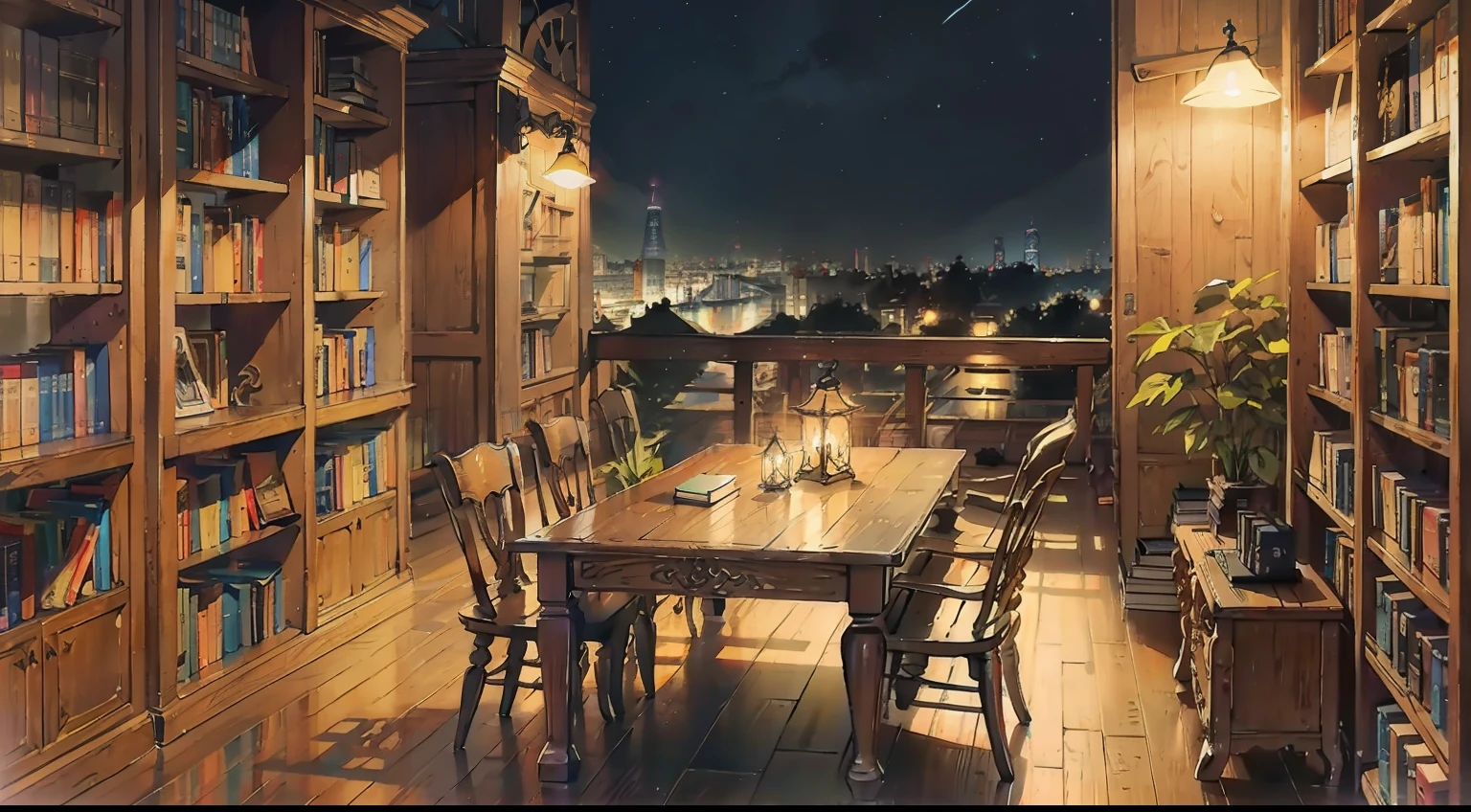 library、Book on wooden table、night