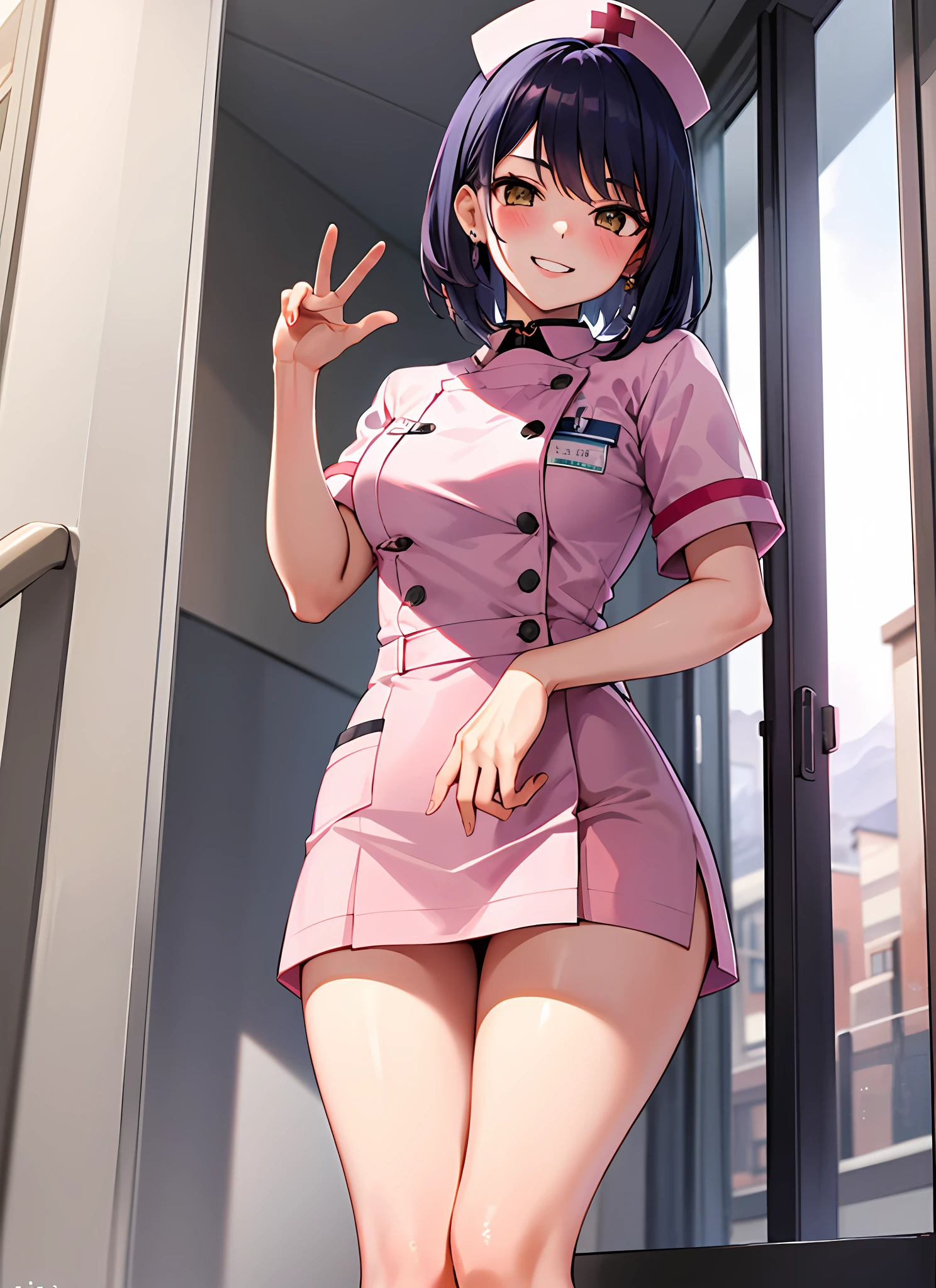 1 girl, solo, kujousaradef, nurse, smile, blush, hospital, indoor, day, window, short hair, sky, temple, looking at viewer, stairs, mountain, moody lighting, facing viewer, sexy pose, show teeth, tattoo, cool black tattoo, ear pierce, cleveage, nurse uniform, mini skirt, stocking, nurse hat, pink nurse uniform, infirmary,