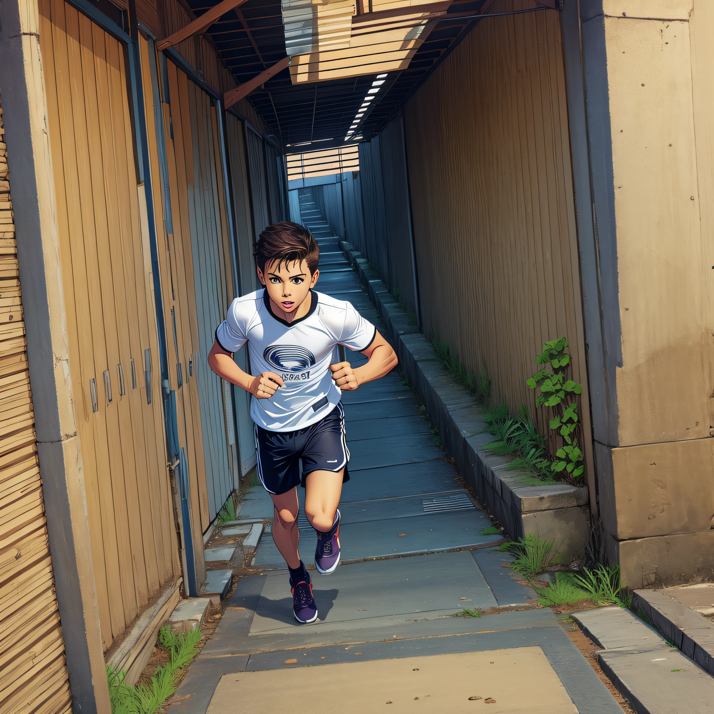 Brazilian children playing soccer on the street with a Rio de Janeiro community background