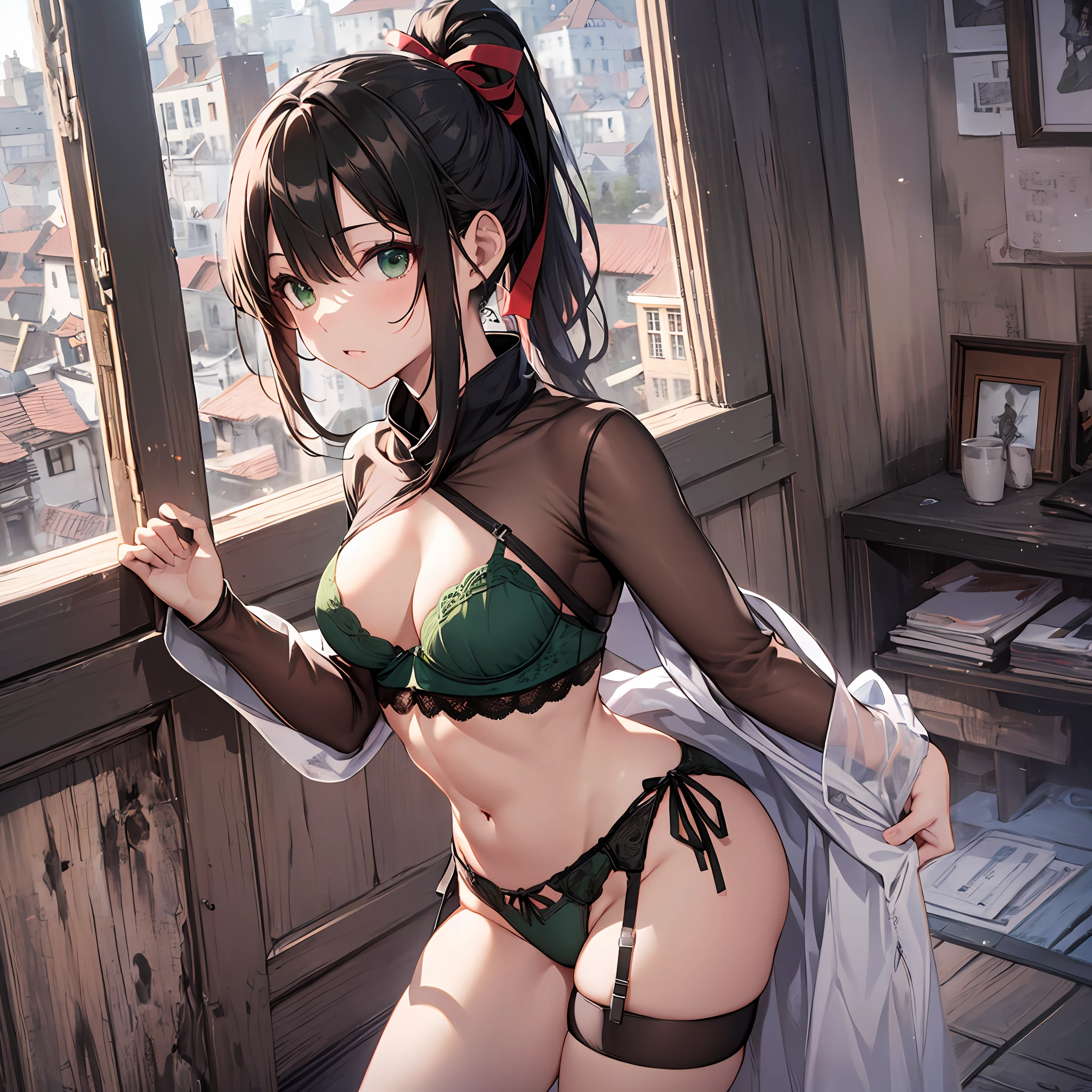 maximum quality　　Chinon　a ninja　A sexy　ponytails　Kunoichi　slender and neat legs　Beautiful abs　Super slender　little breasts　Cool face　small tits　１５Age　Dark hair　Green Ribbon　random posing　Old townscape　Check Lingerie　In the room