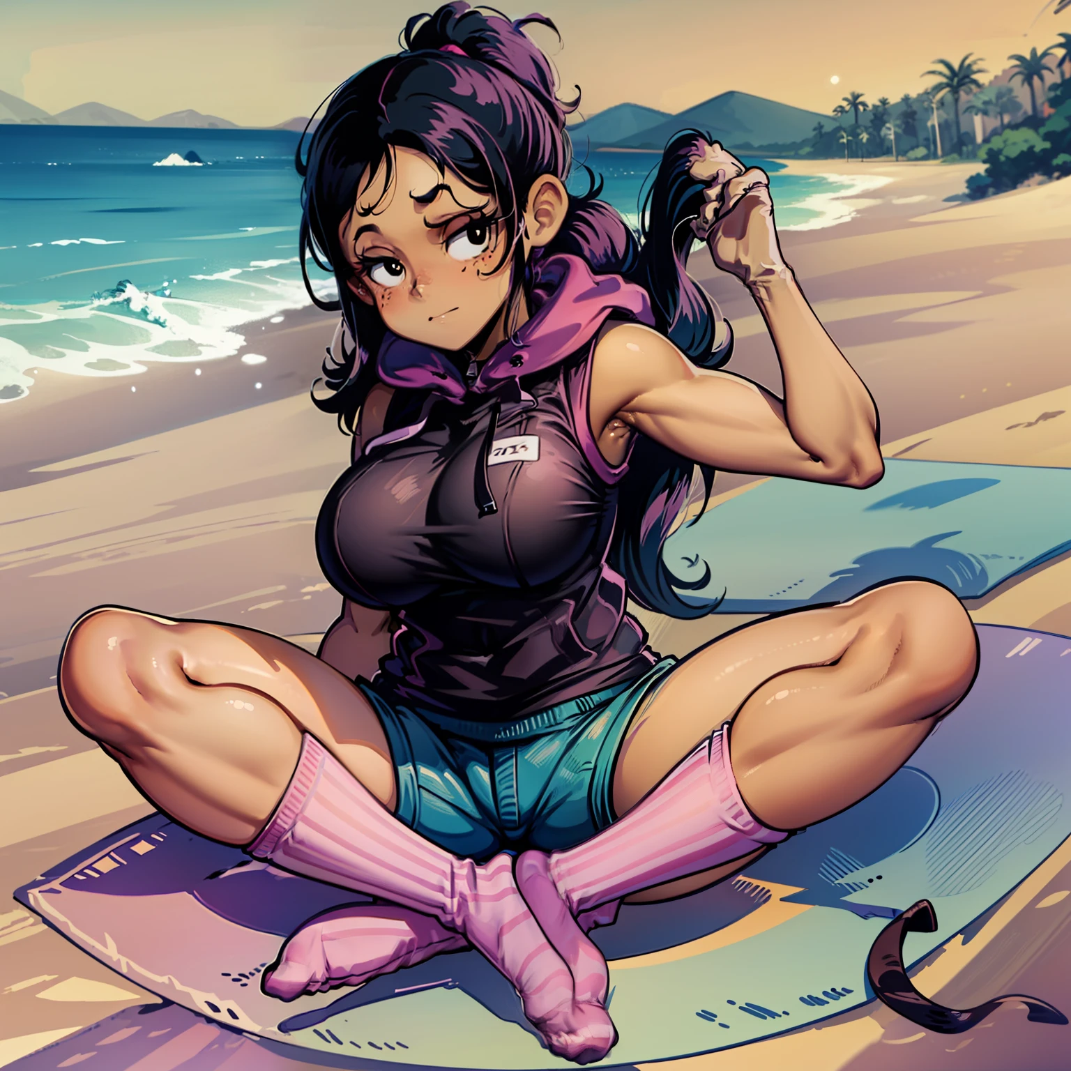 Ronnie Anne, hoodie, shorts, black eyes, ponytail, tanned skin, full body, curvy arms, defined legs, beautiful, pose, in the beach, long socks, curvilinear legs. yoga pose