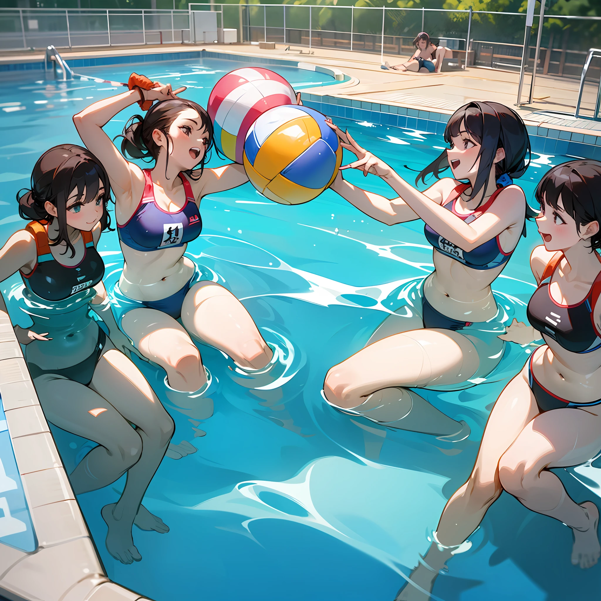 girls having fun in the pool, pool volleyball, life jacket, inflatable ring, crowded public pool, tankini swimsuits, vibrant environment scene --auto --s2