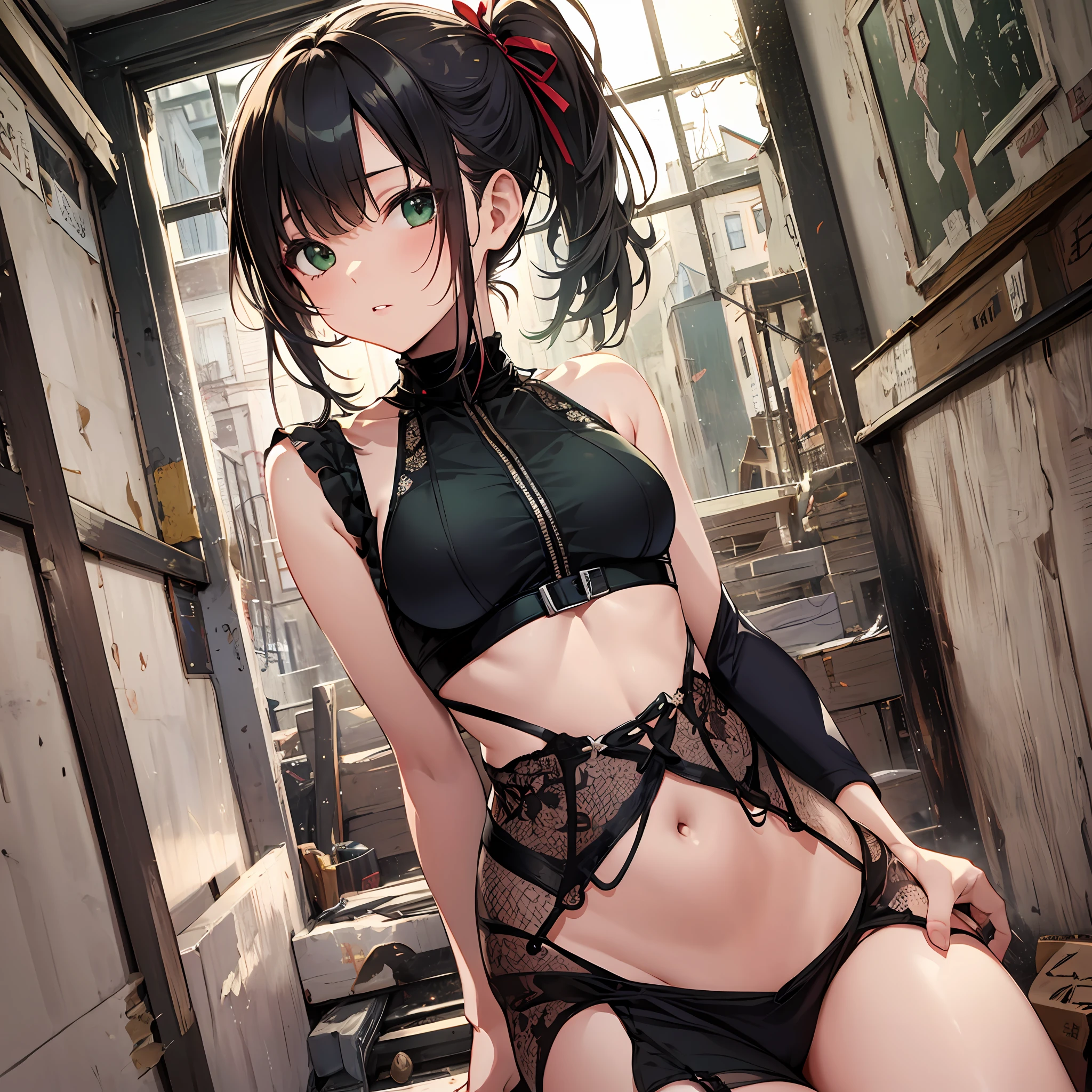 maximum quality　　Chinon　a ninja　A sexy　ponytails　Kunoichi　slender and neat legs　Beautiful abs　Super slender　little breasts　Cool face　small tits　１５Age　Dark hair　Green Ribbon　random posing　Old townscape　Check Lingerie　In the room