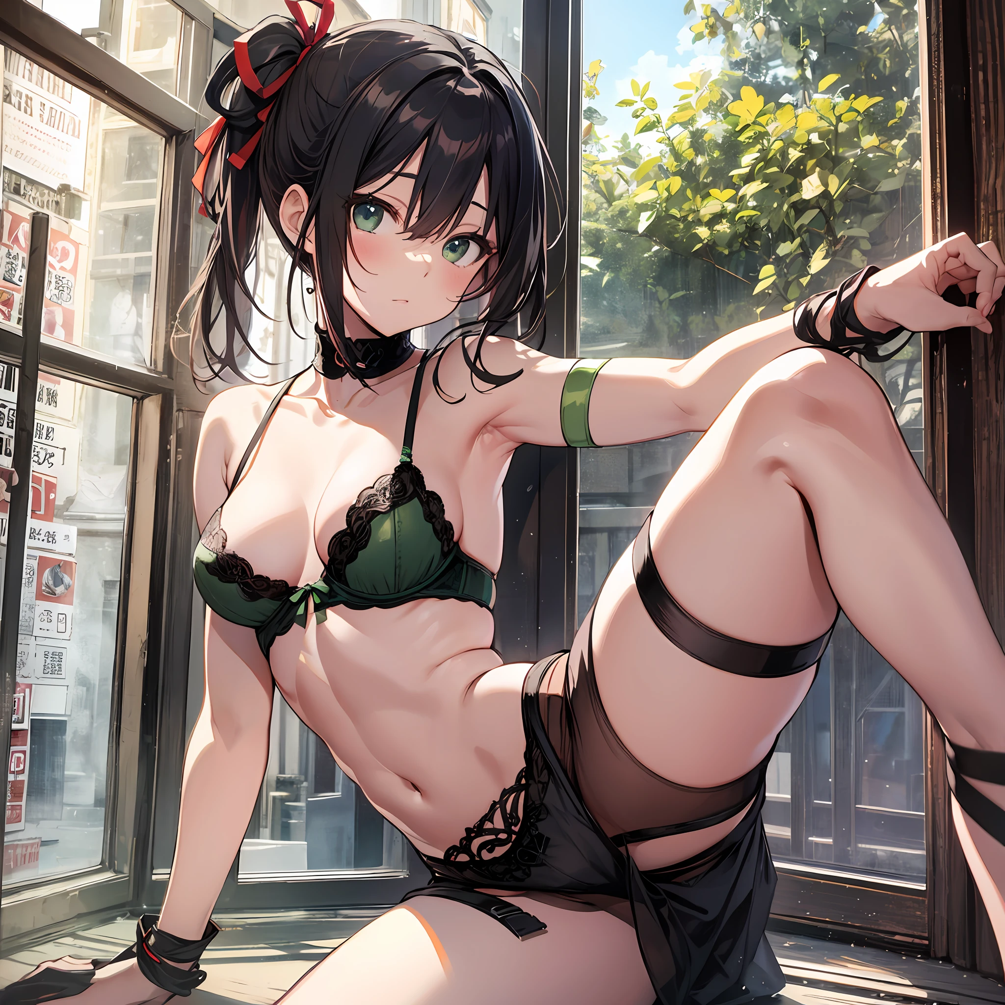 maximum quality Chinon a ninja A sexy ponytails Kunoichi slender and neat legs Beautiful abs Super slender little breasts Cool face small tits 15Age Dark hair Green Ribbon random posing Old townscape Check Lingerie In the room Sekui