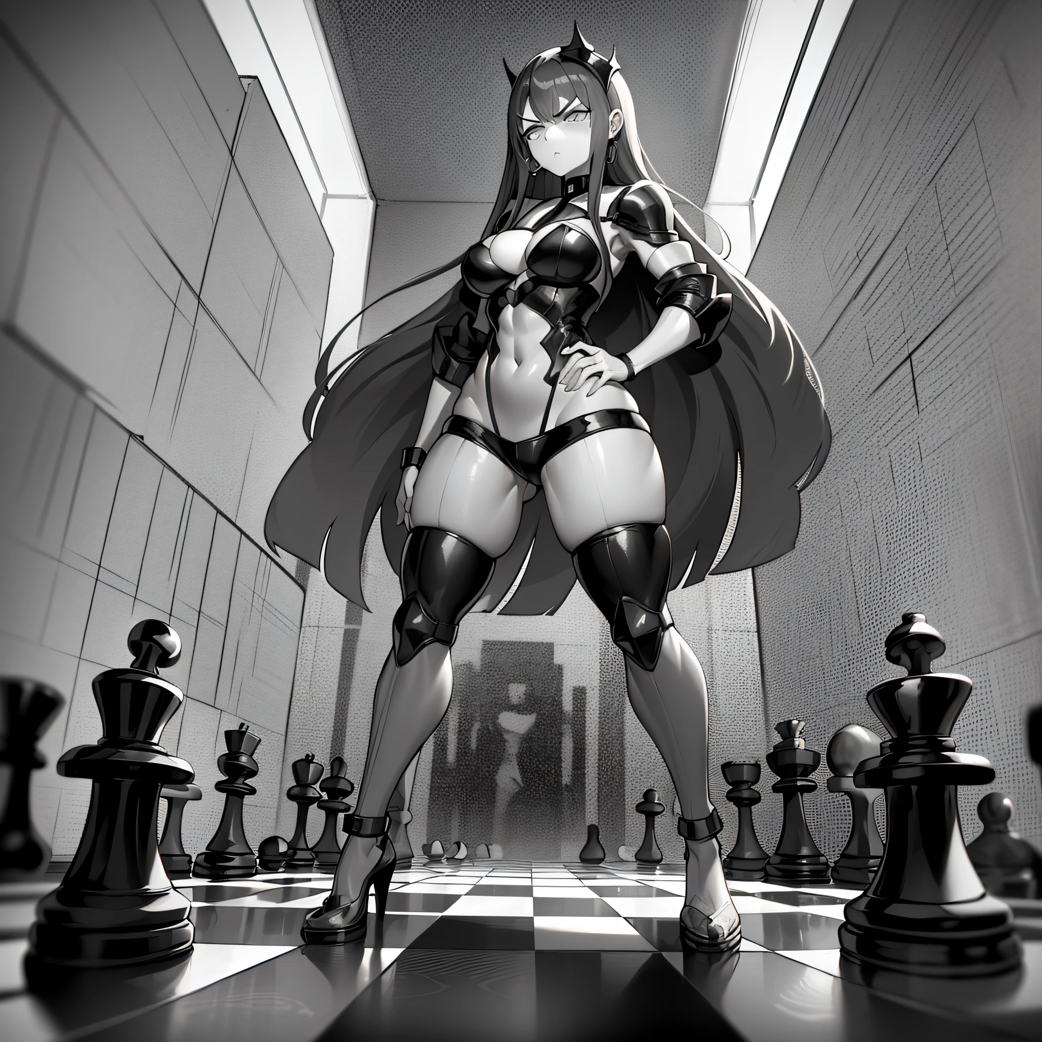 1woman, solo, cuerpo completo, Cuerpo del robot, cabello blanco y negro, angry face, Monochrome armor, Zapatos de plataforma negros, standing position, (obras maestras, 8k, HDR, extremadamente delicado y hermoso, mejor calidad: 1.2), chess pieces around, chess table background