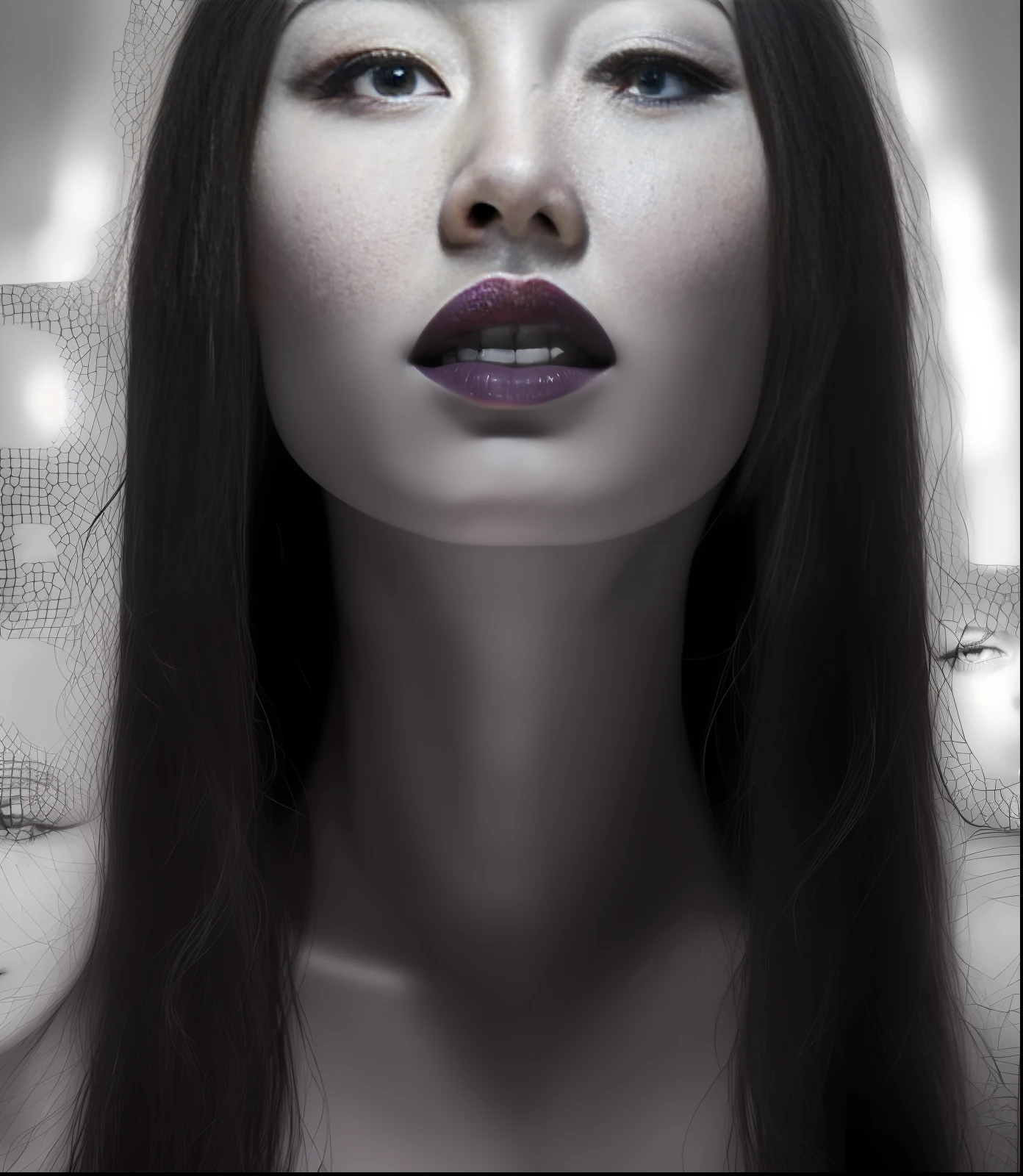 a woman with long hair and a black lip is posing, slicked black hair, perfect symmetrical face!, symmetry!! portrait of a woman, beautiful face + symmetry face, gorgeous symmetrical face, lovely and symmetrical face, sultry expression, “ sensual, dark lips, dark hair and makeup, beautiful shape of face and body, beautiful and symmetrical face