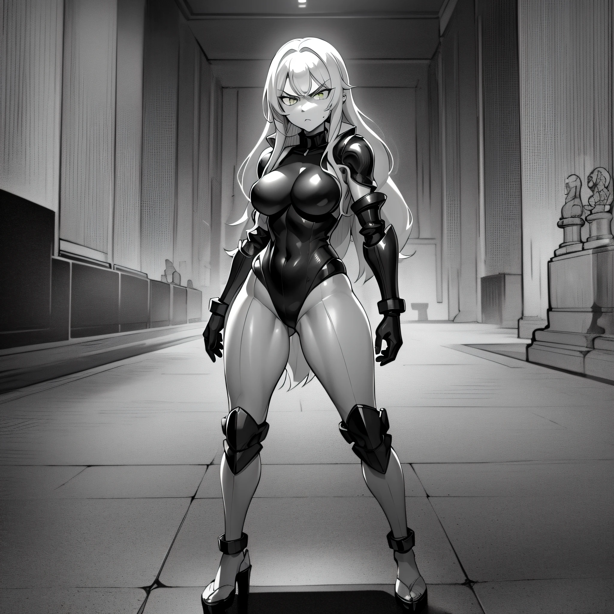 1woman, solo, cuerpo completo, Cuerpo del robot, cabello blanco y negro, angry face, Monochrome armor, Zapatos de plataforma negros, standing position, (obras maestras, 8k, HDR, extremadamente delicado y hermoso, mejor calidad: 1.2), chess pieces around, chess table background