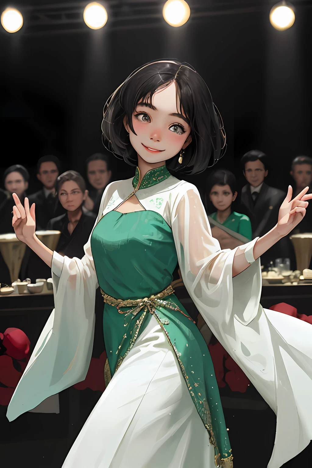 (傑作、maximum quality、Realstic)、Baby face、Small breasts、Short Black Hair、19-year-old girl、White Skin Skin、burlesque、
1女の子, backdrop, Indian Dresses, dance, Complex, Dark green dress, VR, Palace of India, India, Indian, Banquet, crowd, picking up skirt, Dark skin,
[smile]、