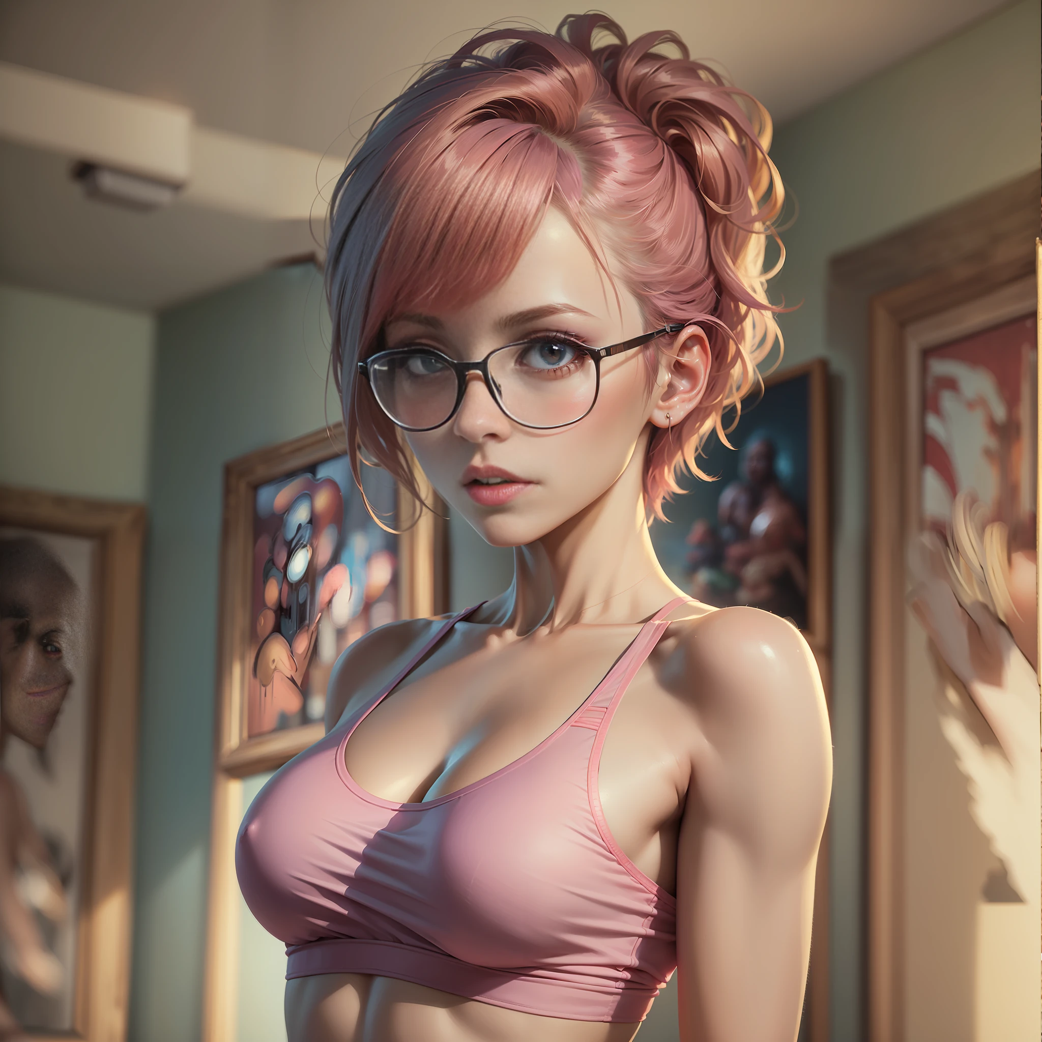 (
(Character: one detective woman, english, slim body, slim waist, pink short messy hair, athletic build, flackles)
(Clothing: pink sport bra, glasses)
(small tits, erect nipple),(sfw)
(Background: luxury room:1.3, soft pink color scheme)
(Style: ((masterpiece:1.5)), (face detailed), photo-realistic:1.3, hyperrealistic, film grain, realistic lighting, backlighting:1.3)
)