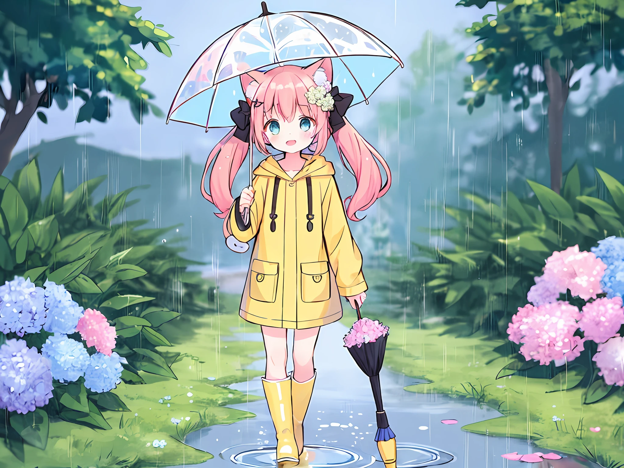 1girls，rainbows，raincoat，Yellow raincoat，Rubber boots，hydrangea flowers，flowery，long long hair，twintail，boots，Blushlush，Umbrellas，opened mouth，hair ornamen，fondo blanco，Hood up，solo，teruterubouzu，Very long hair，Hood up，long sleeve，low twintails，Bow，Hair bangs，Smileing，Animal hoods，blueeyes，Close the umbrella，puddle，Entire body，Yellow footwear，simplebackground，Pink flowers，standing a，Leaf umbrella，With an umbrella，Food-themed hair accessories，hair bow，fox ear，Hold，HAIR LOIRO，hair flower，wet rain，animals，