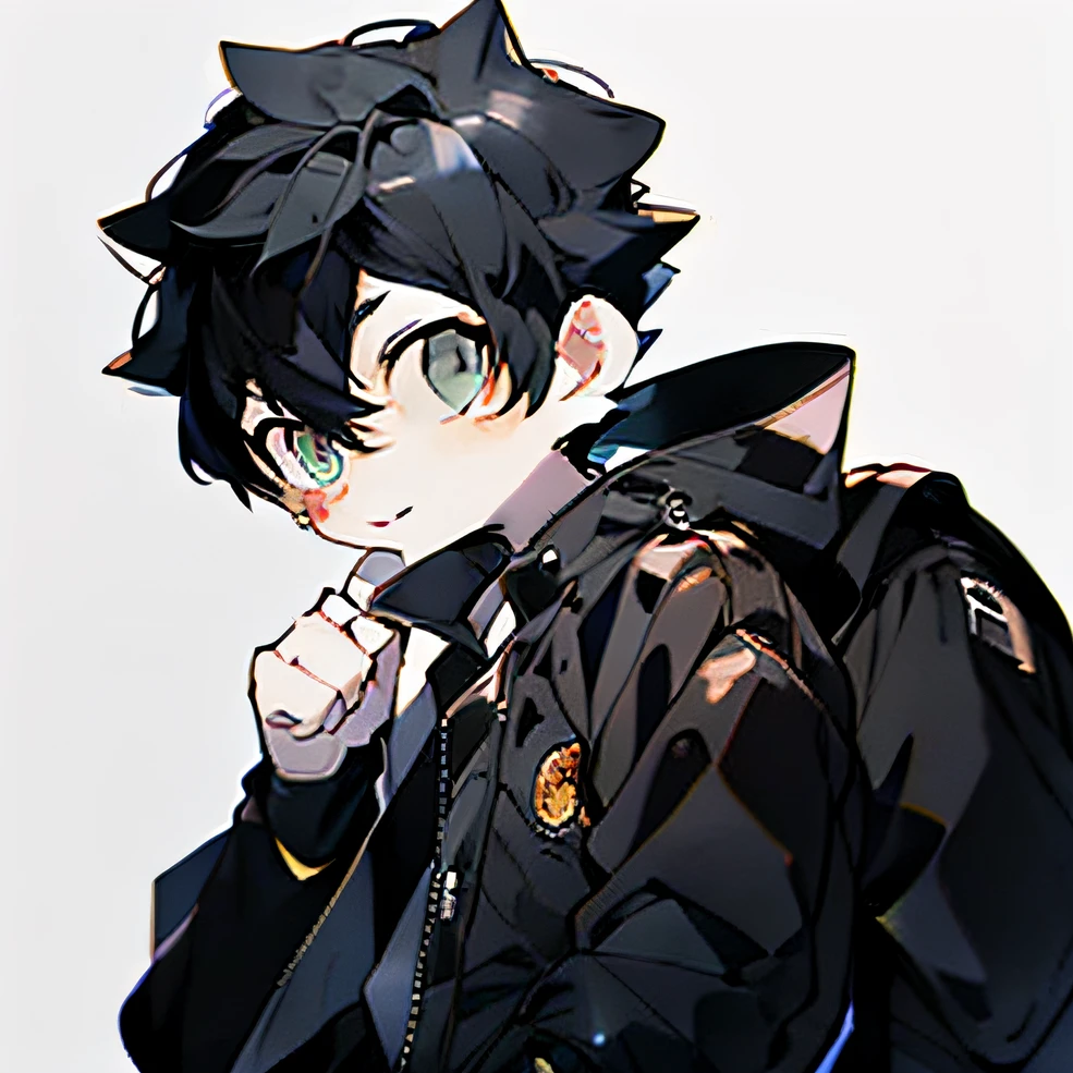 There was an eastern-faced man standing in front of a clock, with black hair. He held a dagger with an antique shape in his right hand, dressed in a retro long black leather coat, his eyes were cold, and the corners of his mouth hooked into a chuckle. Animated comic style, single, no blush on the face