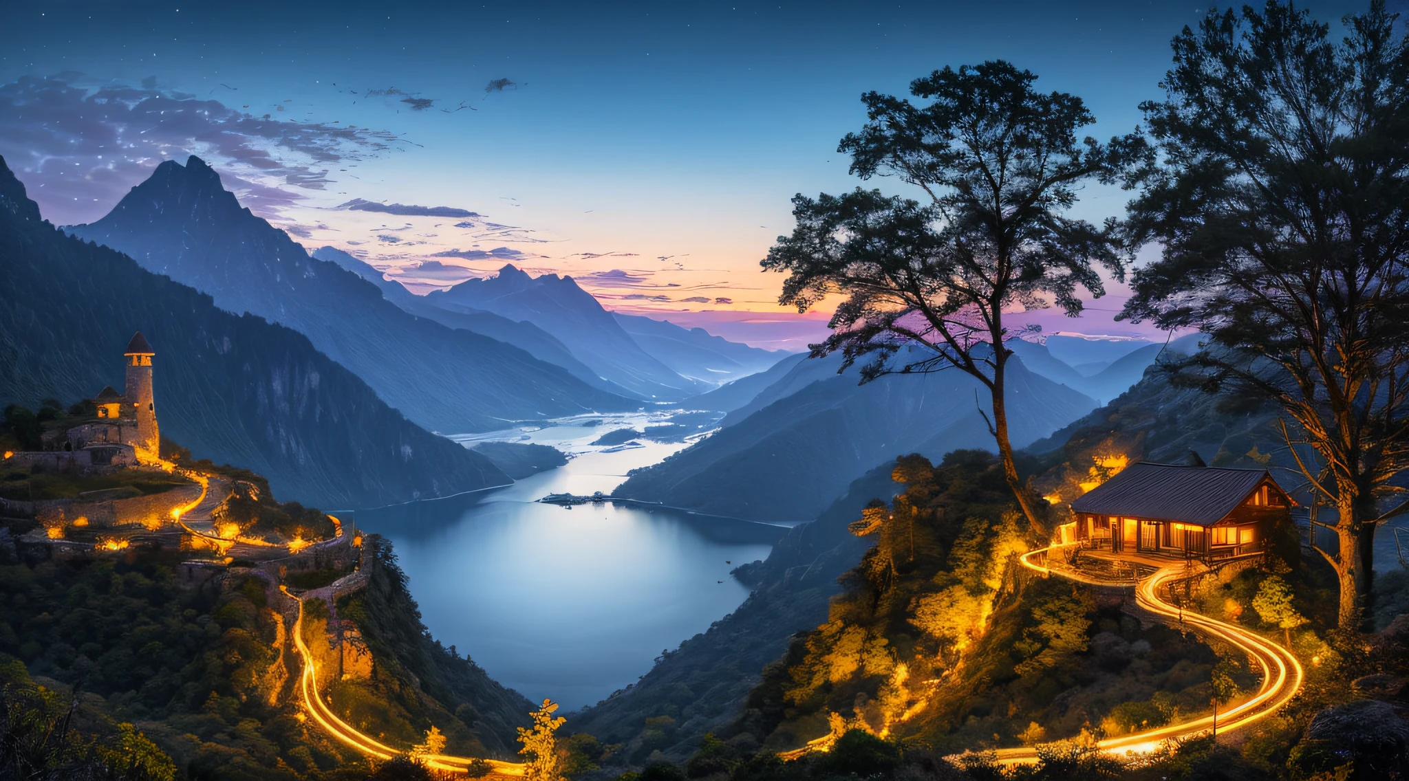 best quality, masterpiece, beautiful wild and natural fantasy landscape with glowing lights