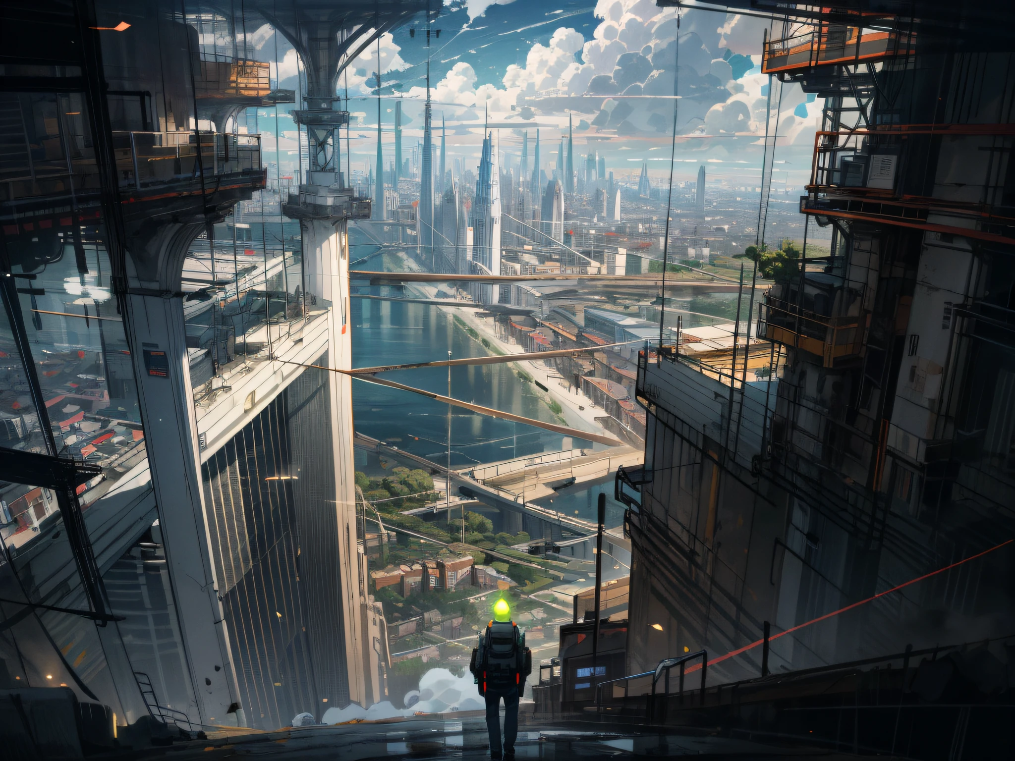 sky,Clouds, holding_weapon,Glow,architechture,Science fiction,The city,realisti,Tall building,Look down from above