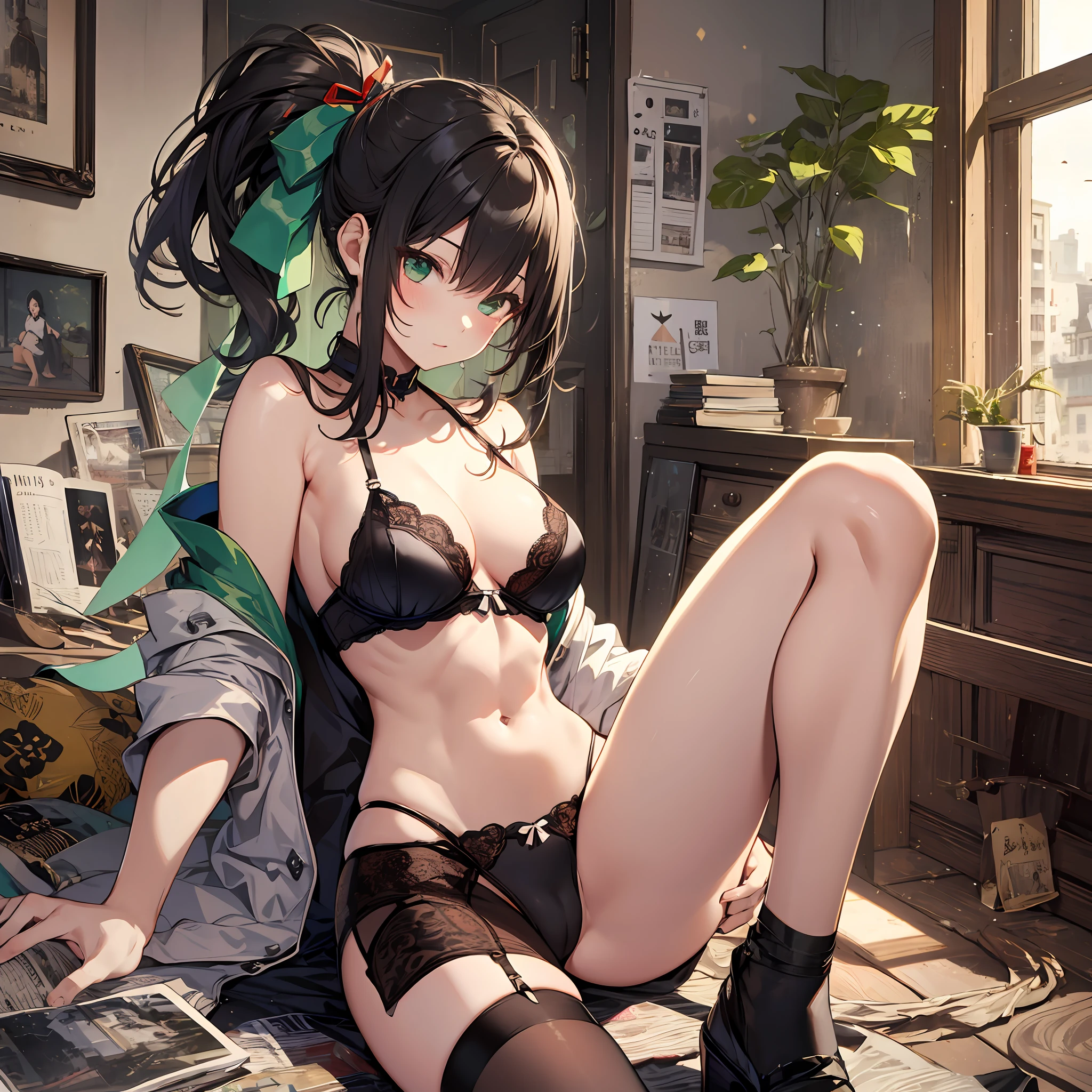 maximum quality　　Chinon　a ninja　A sexy　ponytails　Kunoichi　slender and neat legs　Beautiful abs　Super slender　little breasts　Cool face　small tits　１５Age　Dark hair　Green Ribbon　random posing　Old townscape　Check Lingerie　In the room　Open legs