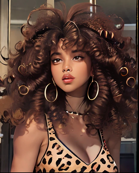 araffe with a leopard print top and a leopard print top, curly afro, curly haired, with textured hair and skin, brown curly hair, curly bangs, long brown puffy curly hair, natural hair, curly hair, big hair, she has olive brown skin, curly, curly brown hair, afro hair, long afro hair, with afro, her face framed with curls