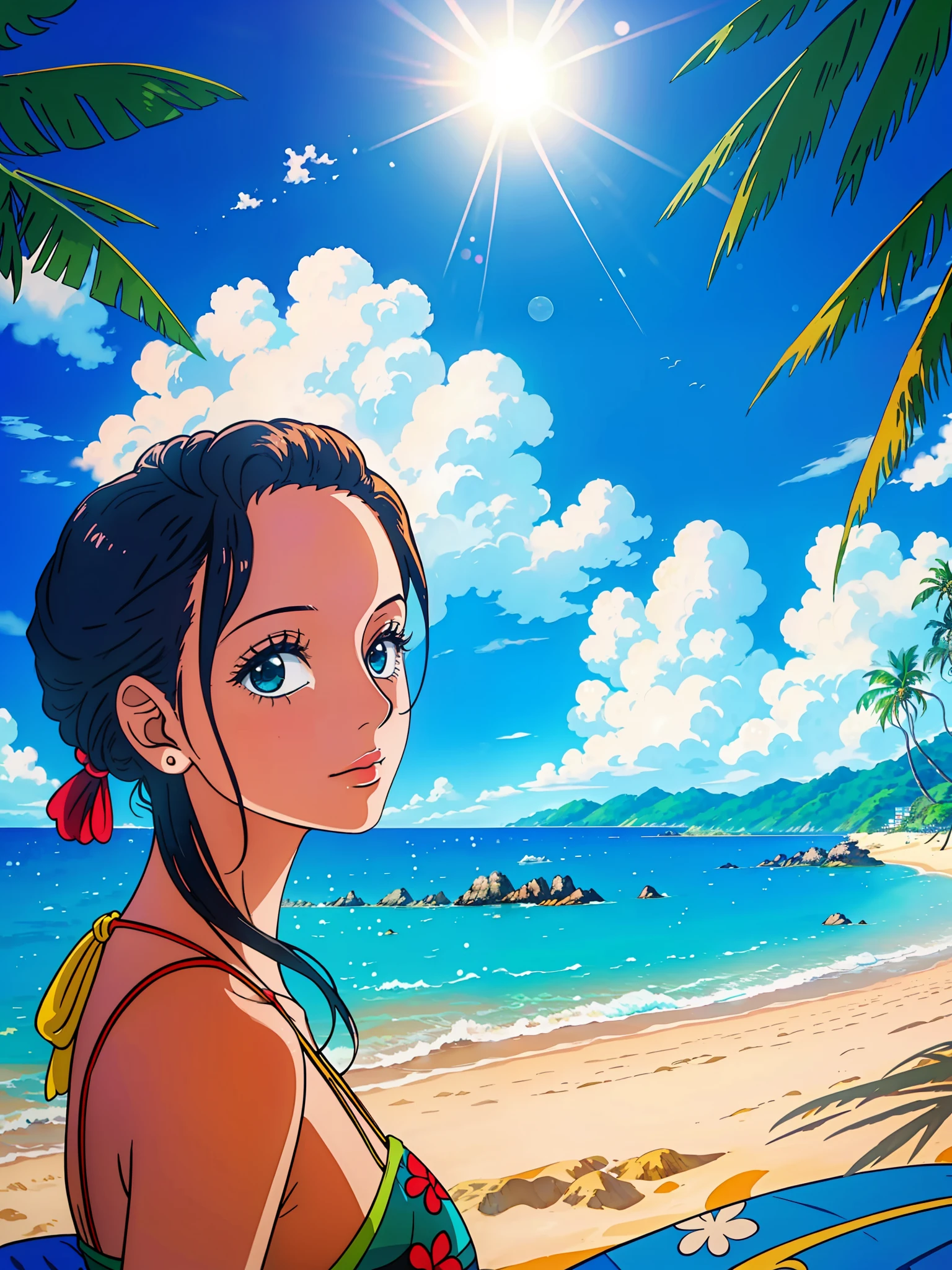 (1girl, solo, linda, retrato, marvelous animation,exquisite scenery,detalhes maravilhosos,vista para o mar,Praia de areia,tropical paradise,ilha,blue sky,luz solar quente)