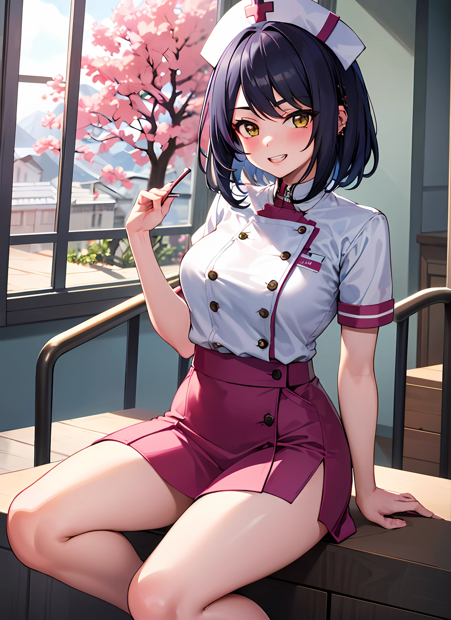 1 girl, solo, kujousaradef, nurse, smile, blush, hospital, indoor, day, window, short hair, sky, temple, looking at viewer, stairs, mountain, moody lighting, facing viewer, sexy pose, show teeth, tattoo, cool black tattoo, ear pierce, cleveage, nurse uniform, mini skirt, stocking, nurse hat, pink nurse uniform, infirmary,