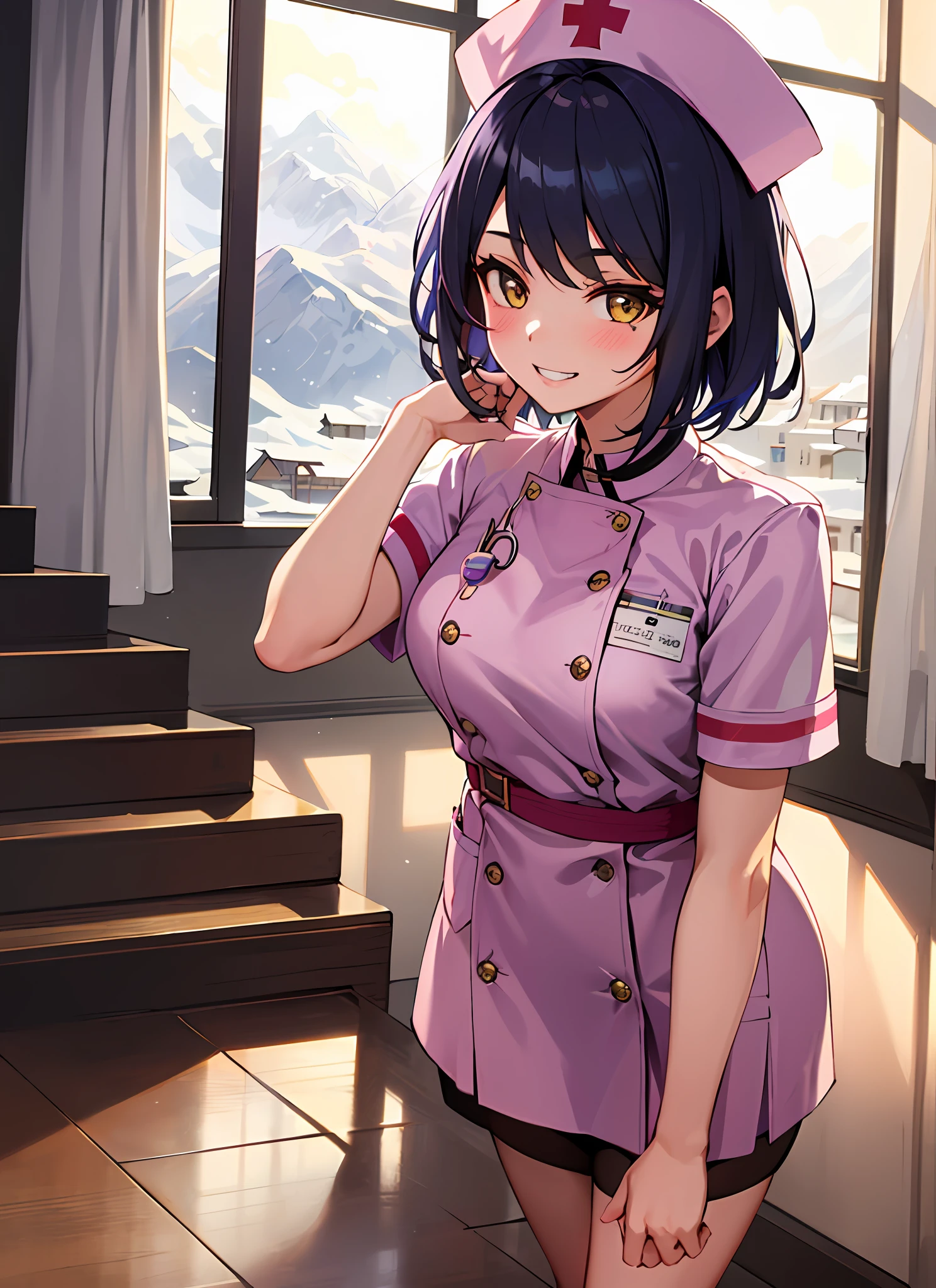 1 girl, solo, kujousaradef, nurse, smile, blush, hospital, indoor, day, window, short hair, sky, temple, looking at viewer, stairs, mountain, moody lighting, facing viewer, sexy pose, show teeth, tattoo, cool black tattoo, ear pierce, cleveage, nurse uniform, mini skirt, stocking, nurse hat, pink nurse uniform, infirmary,