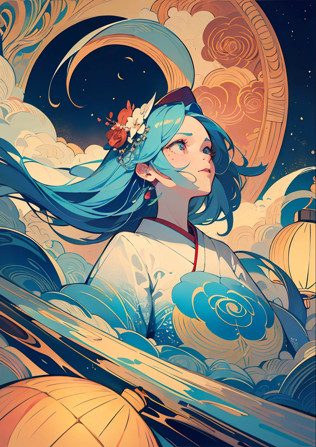 ((걸작)), ((hyper detailed)), ((best qualiy)), Beautiful Finely Detailed Eyes, Detailed face, The best lighting, The best shades, Traditional girls wear rich ancient hair accessories, Exaggerated perspective,solo, ((Classic Disney style, edgelighting, Flat 2D style, Disney 2D)), ((The main colors are blue and red)), Huge lanterns,Girl in a lantern, Bubble Island, Floral Paradise, A world made of flowers, freckles, Cold nose, (((Bubbles))), Marbles, Japanese inspiration, (highly detailed), Whirlpool effect,