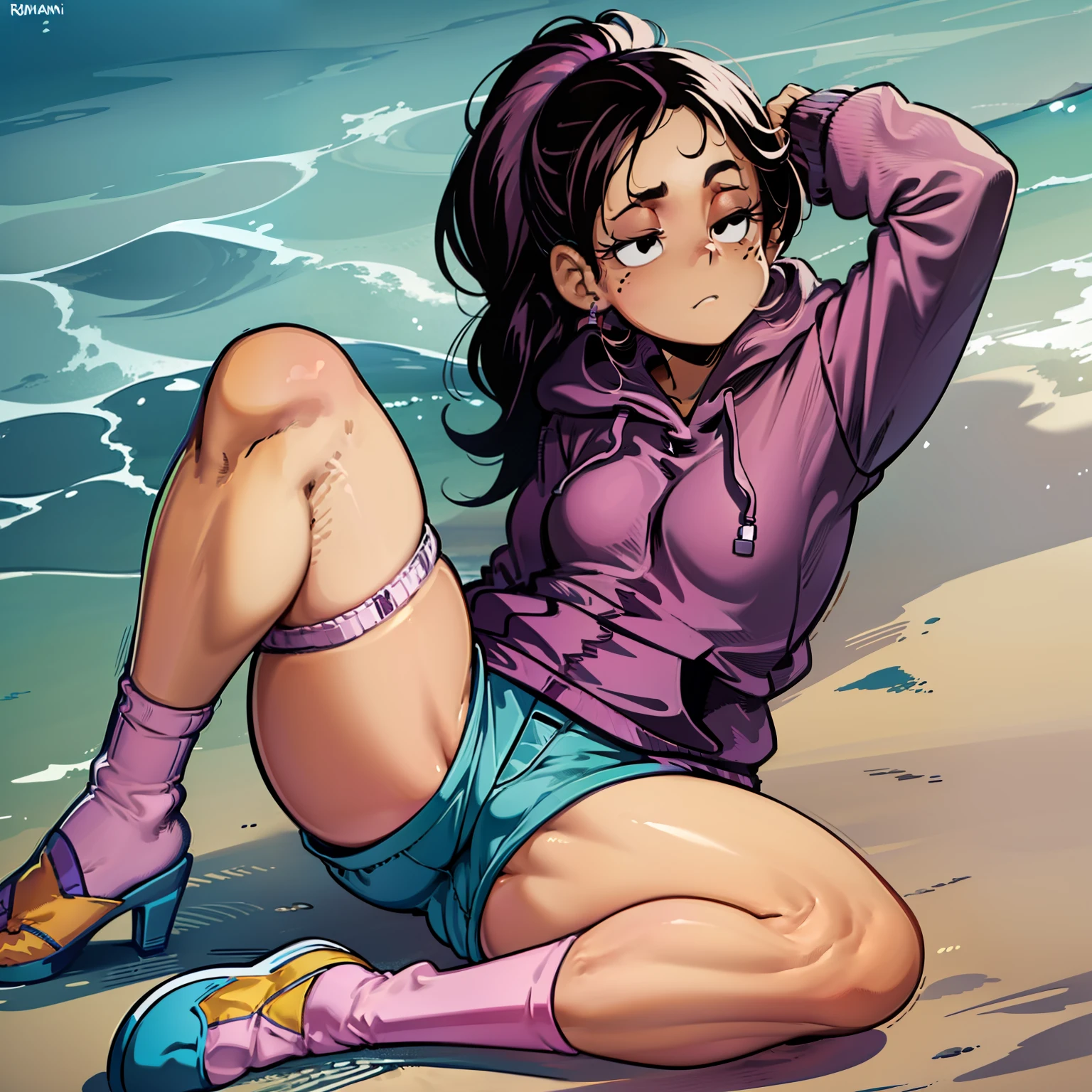 Ronnie Anne, hoodie, shorts, black eyes, ponytail, tanned skin, full body, curvy arms, defined legs, beautiful, pose, in the beach, long socks, curvilinear legs. Lateral Leg Stretch