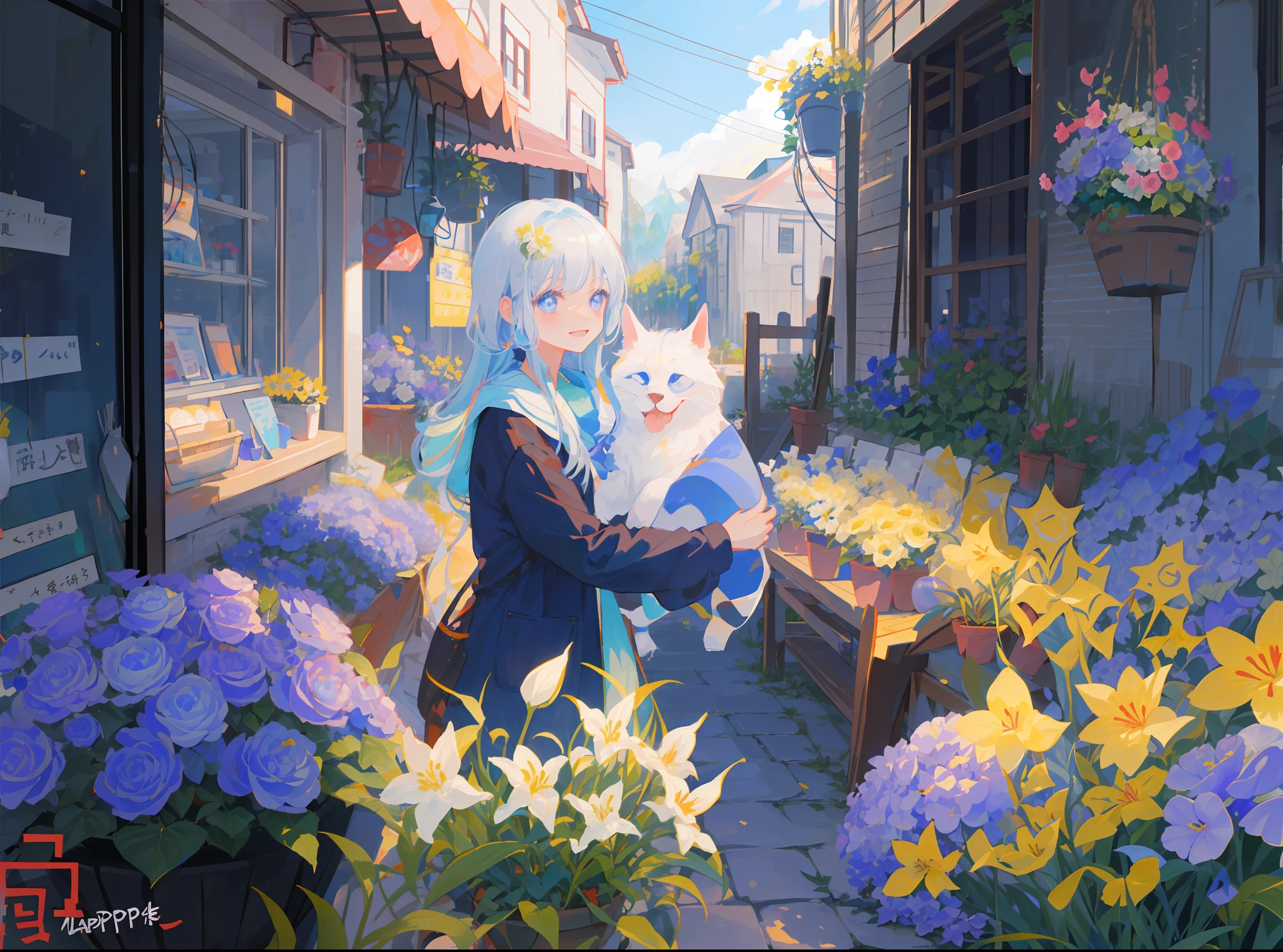 Plante、flowers 1girl,Generate an image,It contains a girl in a natural environment(For example, a garden or a farm)Holding a silk ball。Girls should have happy expressions,Should look fresh and healthy。The overall mood of the image should be bright and cheerful。Add the word Morning