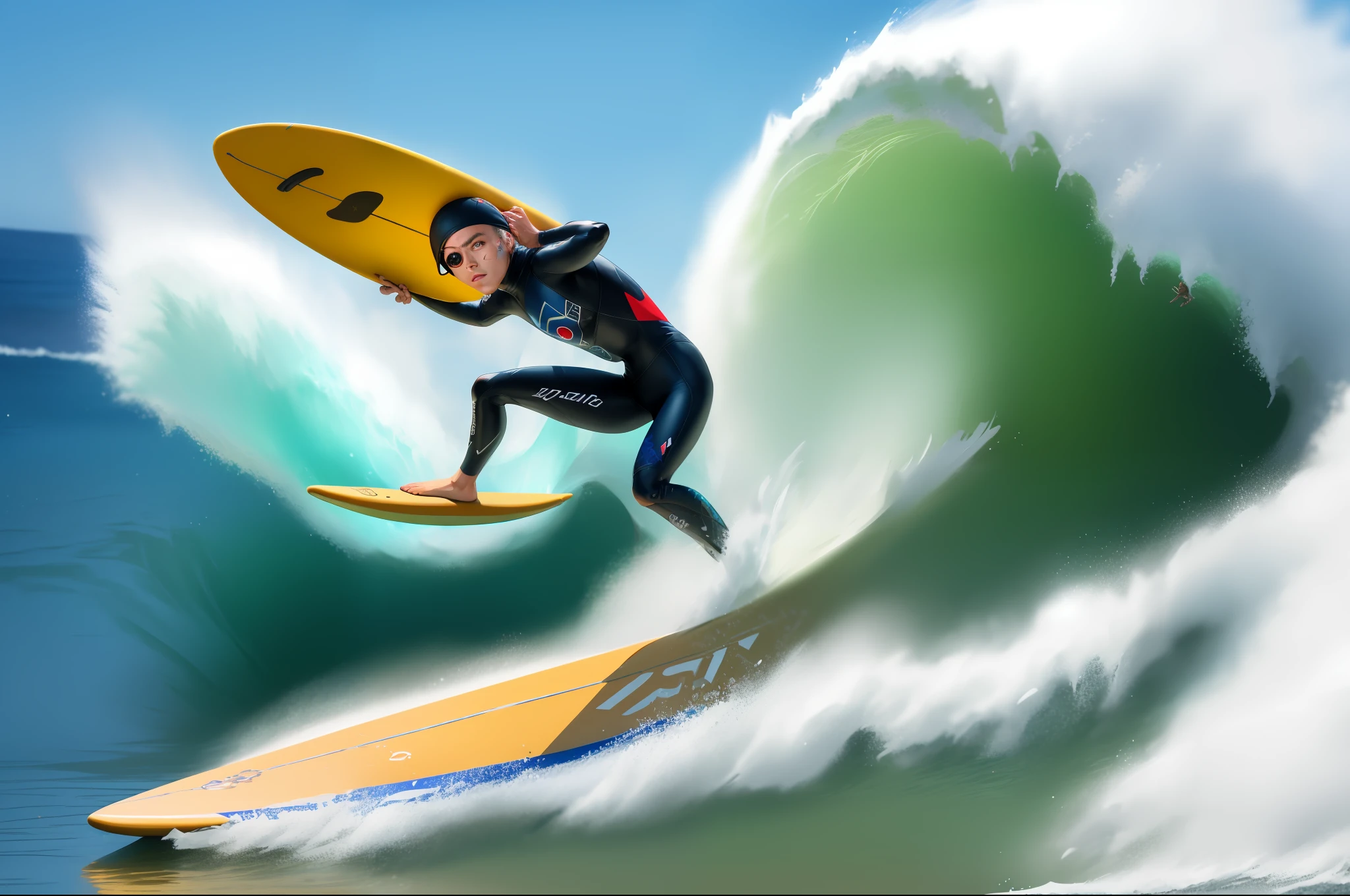 Highly detailed, High Quality, Masterpiece, beautiful, ((surfing, waves)), raidenmgr, (one eye covered:1.3), full body, (detailed face and eyes:1.3)