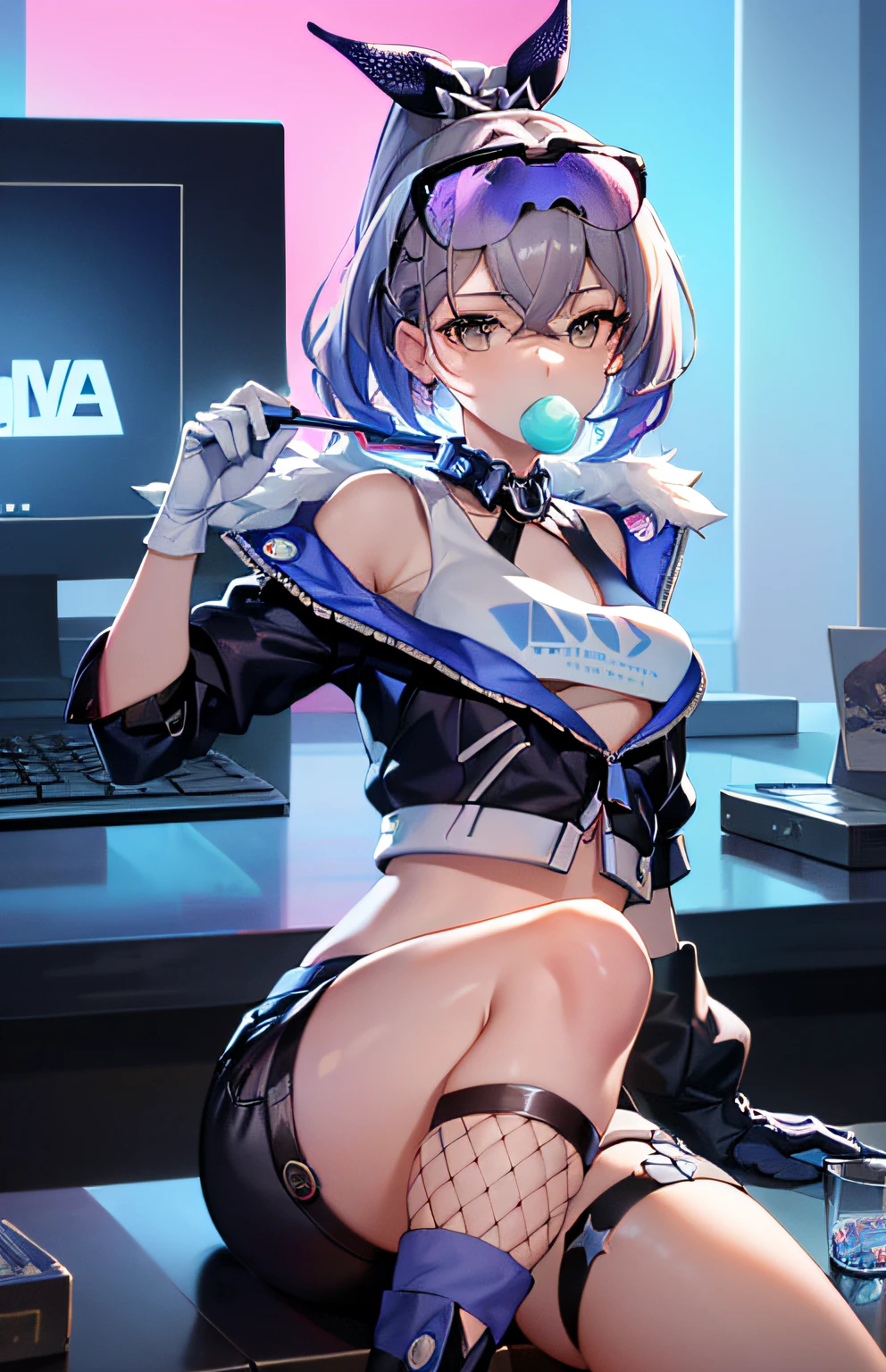 SilverWolfV4,(Masterpiece:1.2), best quality, (illustration:1.2), (ultra-detailed),Eye focus,(Masterfully crafted Glow, pink lens flare), (Cinematic background),(((colourful))), hyper details, (delicate detailed), (intricate details), octane render, hdr, (hyperdetailed:1.15), (soft light:1.2), 1girl, beautiful girl, ultra detailed eyes, mature, plump, rainbow painting drops,(supermodel:1.3), made up from paint, entirely paint, splat, splash, indoors, (bioluminescent hair:1.1),(glowing eyes), ((makeup)),(Cinematic masterpiece), fierce, powerful, splashes of colour absolutely eye-catching, (Cinematic headlight), ((caustic)), dynamic angle, beautiful detailed glow, ambient occlusion, ambient light, raytraced reflections,(best illumination, an extremely delicate and beautiful), ((cinematic light)), (soft:2),  . colourful glasses, gaming pixels, retro style, living arcade characters, arcade style world, gloves, jacket, full body, weapon, shorts, black gloves, black jacket, gun, drill hair, black shorts, eyewear on head, bubble blowing, chewing gum