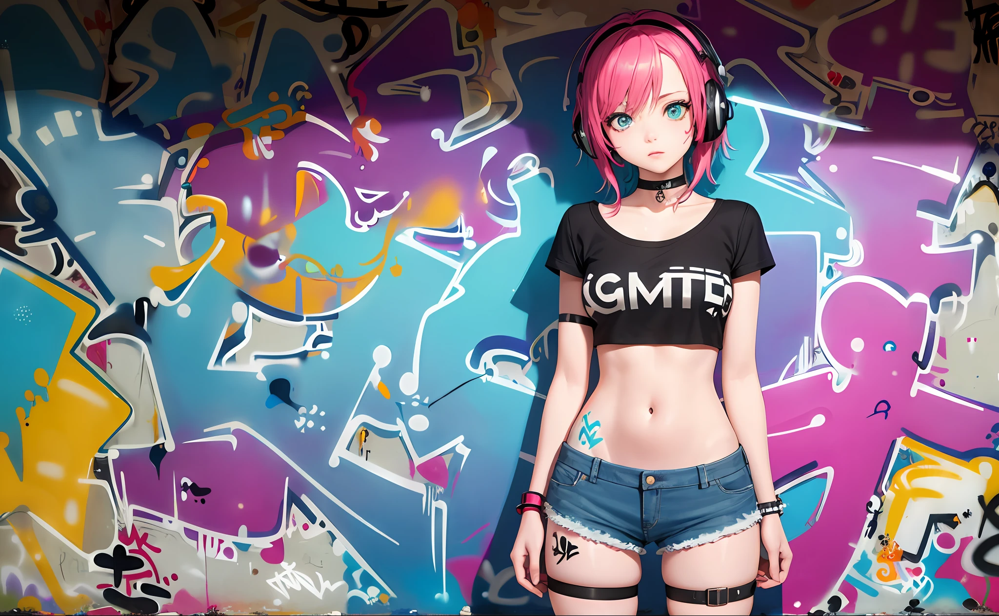 masterpiece, best quality, 1girl, solo, crop top, denim shorts, choker, (graffiti:1.5), paint splatter, arms behind back, against wall, looking at viewer, armband, thigh strap, paint on body, head tilt, bored, multicolored hair, aqua eyes, headset,