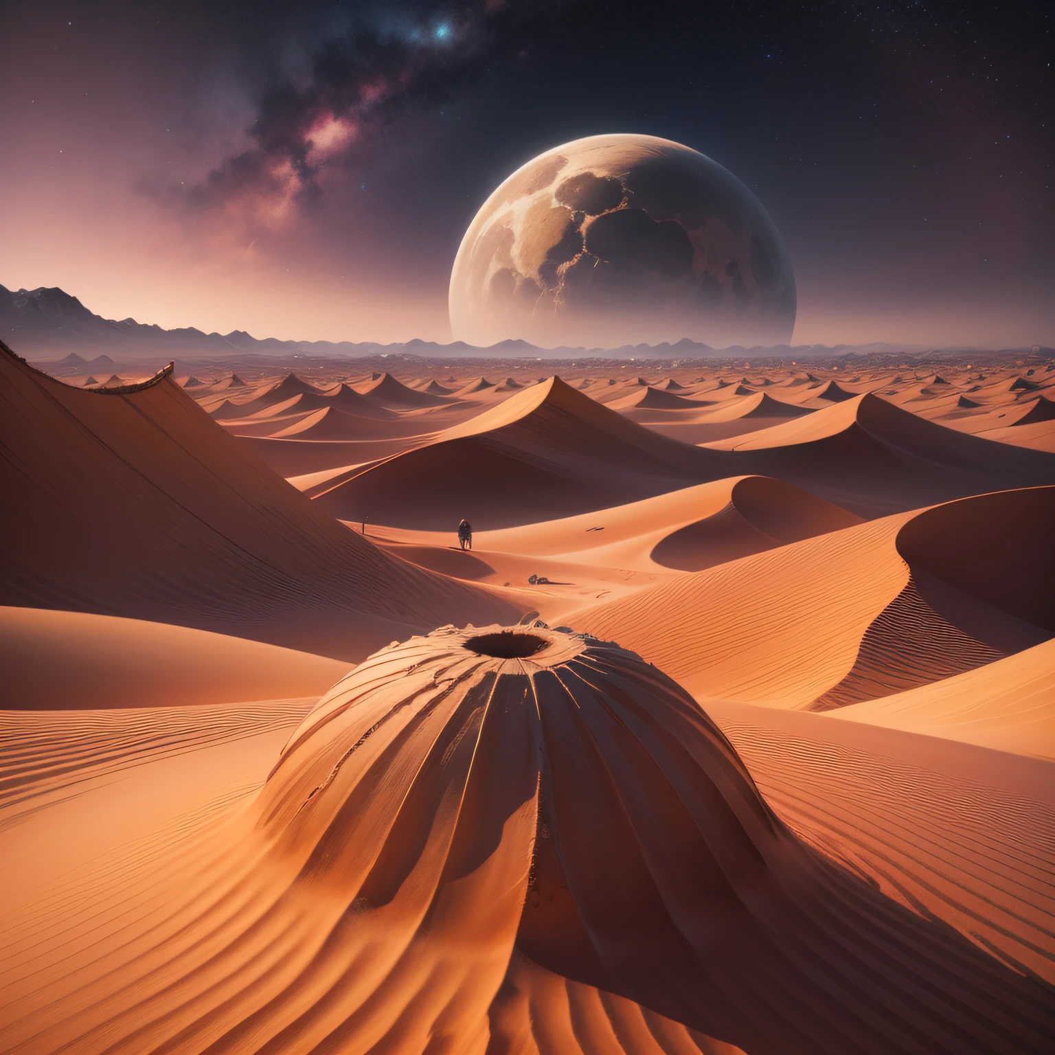 um disco voador alienigena, pousado no deserto, visto de cima, na cor preta, com luzes misteriosas, 8k ultra qualidade