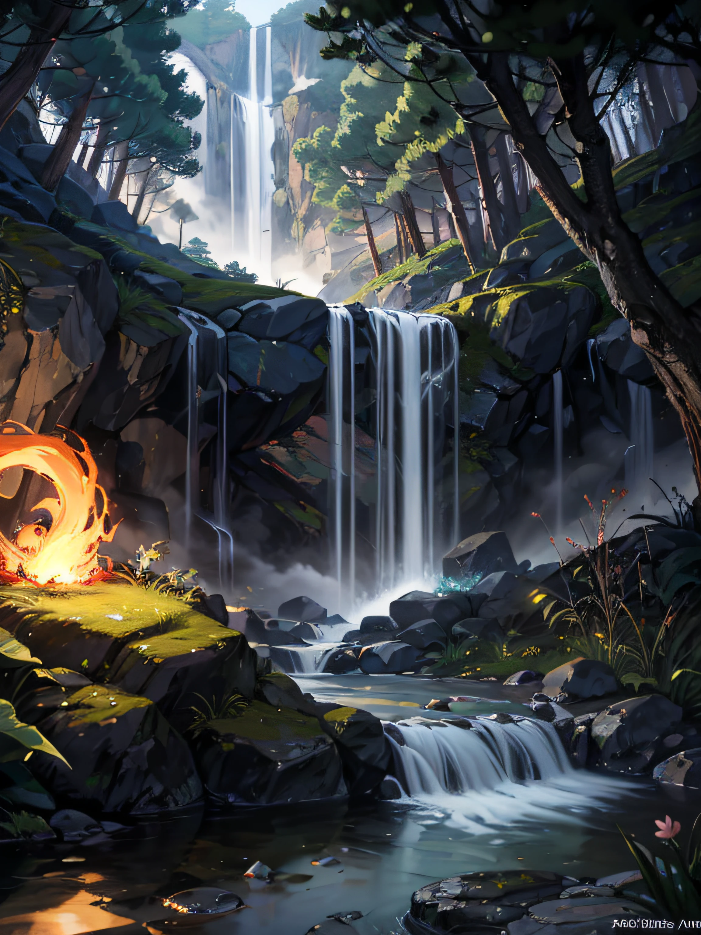 Water is boiling from a beautiful spring in the forest, light is exploding, wonder, spiritual, masterpiece, magic light --auto