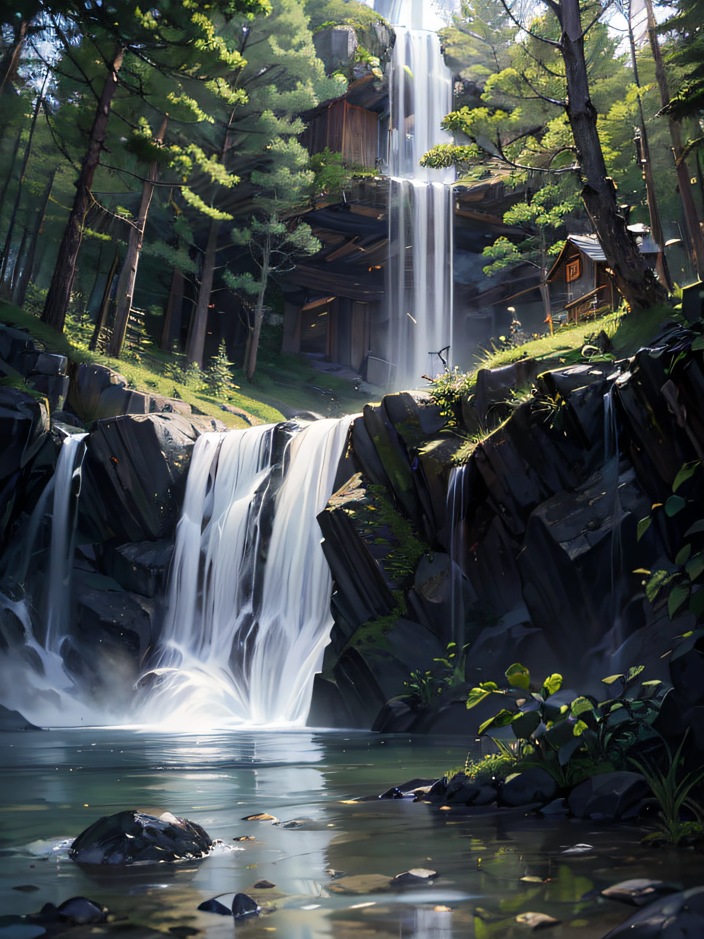 Water is boiling from a beautiful spring in the forest, light is exploding, wonder, spiritual, masterpiece, magic light --auto