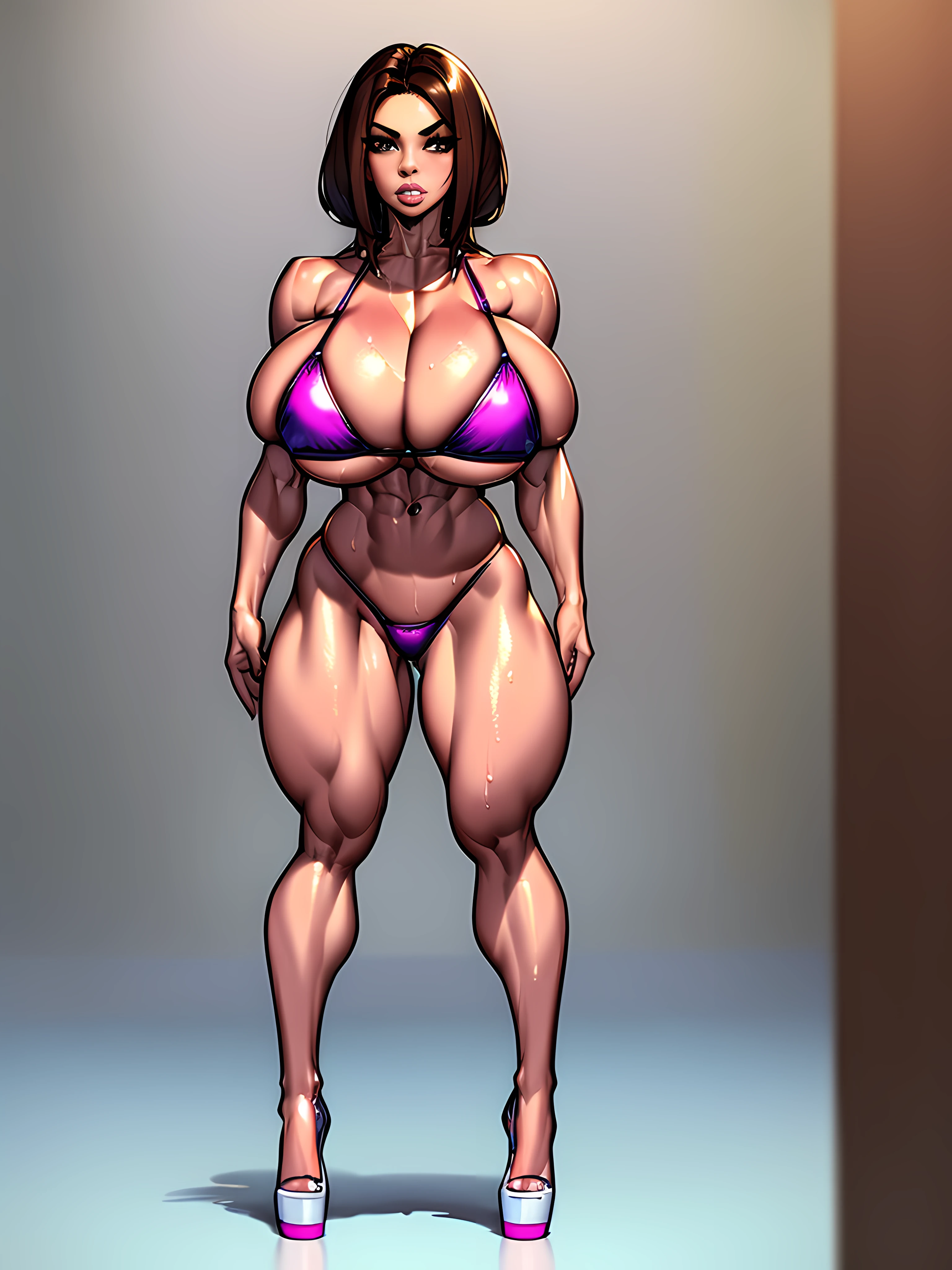 1girl, bimbo with big muscles, brown hair, defined muscles, big muscles with veins, bikini, very big breasts, wet crotches, wide hips, full body using 6/7 wide, iphone wallpaper optimized,