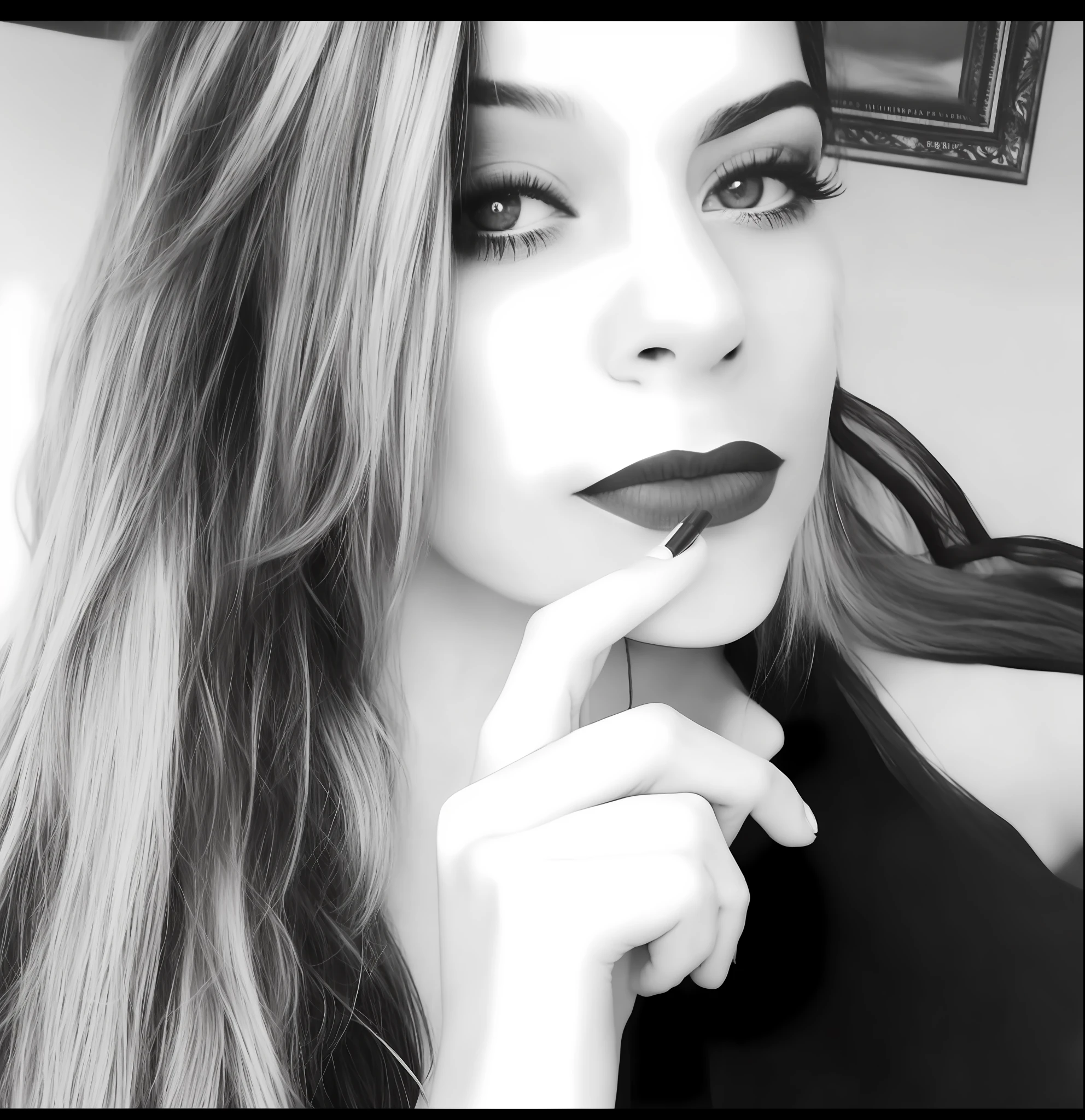 mulher argada com caBelo comprido e Batom preto posando para uma foto, em preto e Branco, imagem de perfil, imagem em preto e Branco, 💋 💄 👠 👗, preto e Branco), inspired by Gina Pellón, foto preto e Branco, B&w foto, preto e Branco, apenas preto e Branco, inspired by Antônio Parreiras