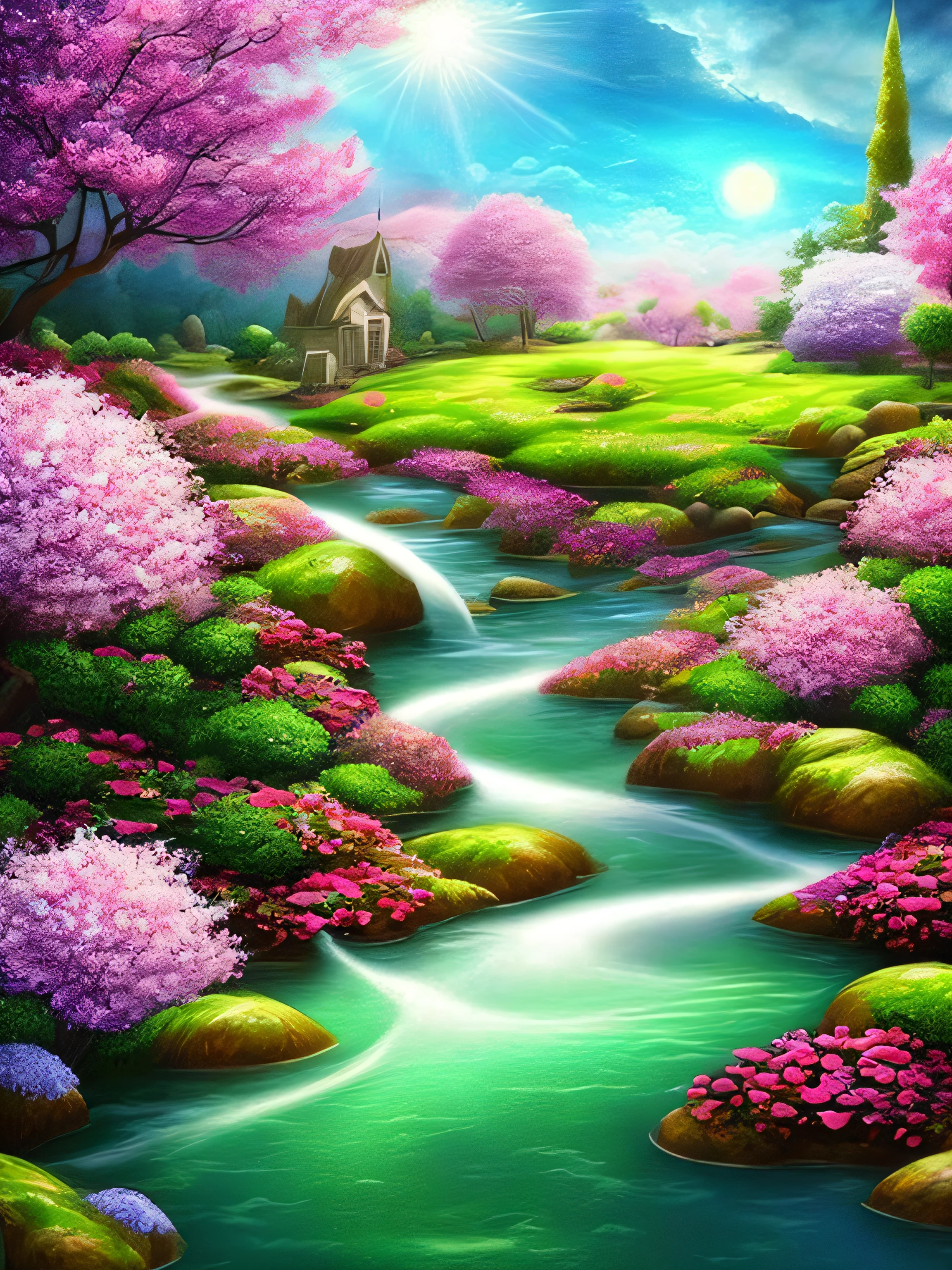Spring water, flower garden, roses, magic, spirituality, mysterious water boiling from the ground, beautiful art, fantasy art --auto