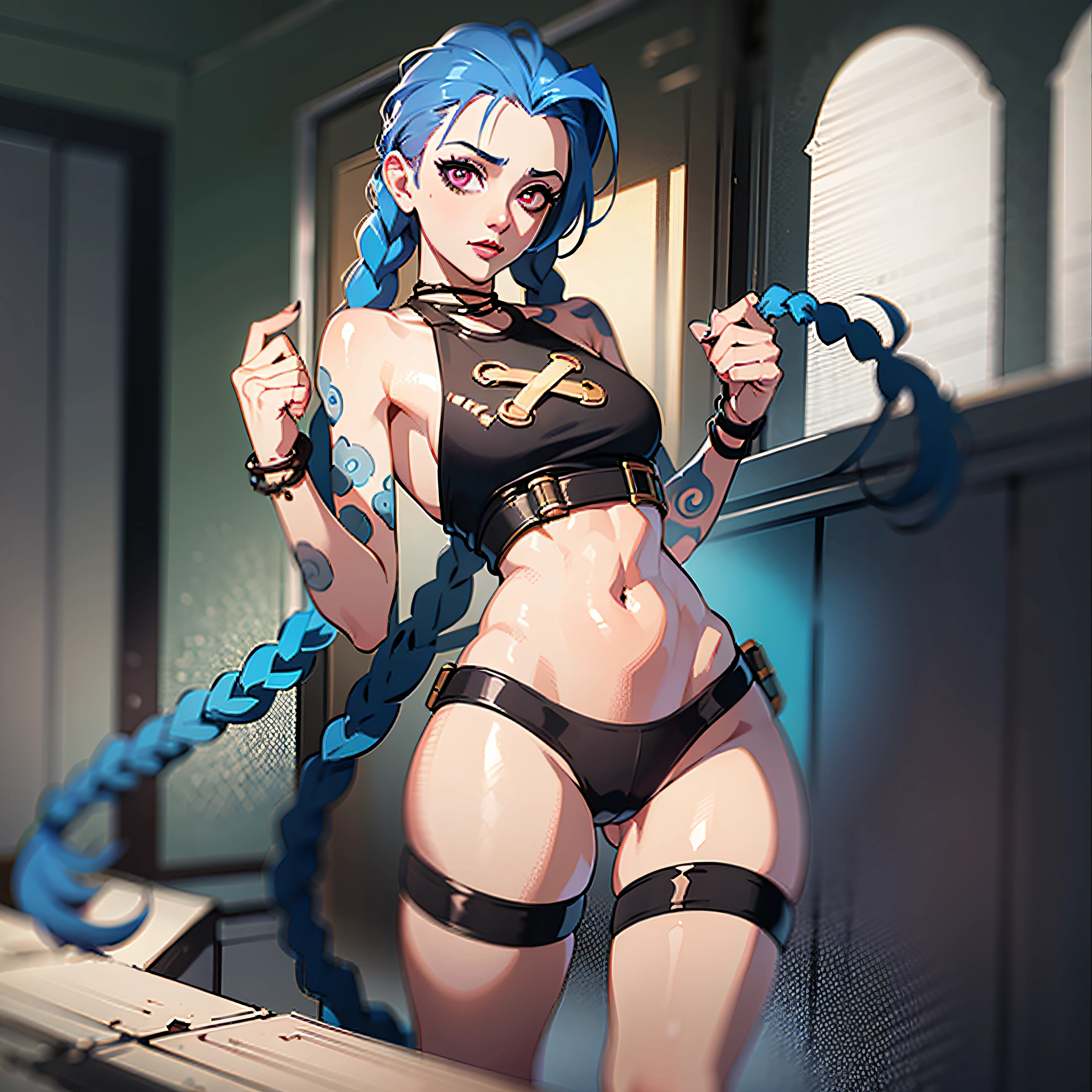 panoramic, jinxlol with a crop top, Jinxlol ,(JinxLol: 1.1),(league of legends),pink eyes, full body, big butt, small tits, ultra high resolution, perfect anatomy, (small breasts),red lips, twin braids, 1 girl, beautiful hips and full body belly, beautiful face, beautiful hands, girls, high-resolution beautiful eyes, character concept, perfect anatomy, focus, nearing perfection, dynamic, high details, highly detailed, station, concept art, sharp soft focus kim art jung gi, Artgerm, Sasha Yakovleva, Loish , Victor Nizovtsev, Greg Rutkowski, Noah Bradley. trending on artstation, 8k, masterpiece, fine details,