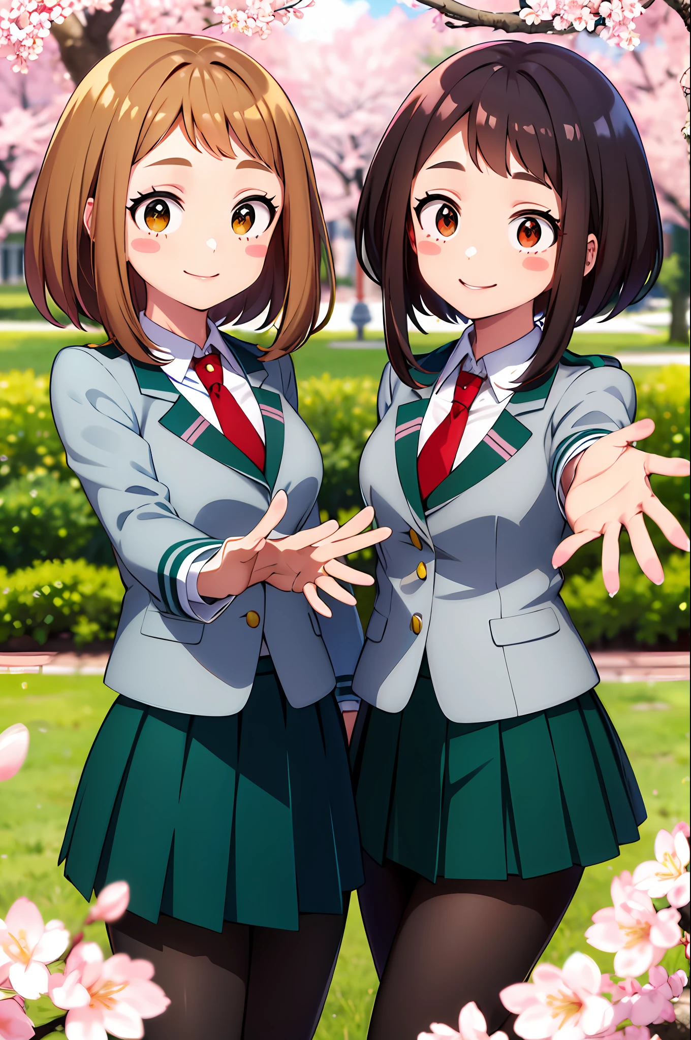 masterpiece, best quality, highres, hmochako, blush stickers, short hair, medium breasts. school uniform, green skirt, pleated skirt, red necktie, black pantyhose, white shirt, long sleeves, grey jacket, reaching out, smile, cherry blossoms, outdoors, cowboy shot, 3girls, trio, sisters