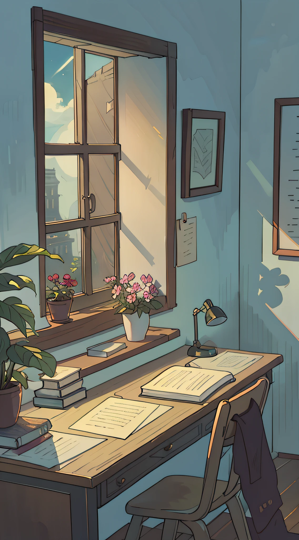 A masterpiece,the best qualityt,high qualit,early in the morning,The desk is by the window,Sunlight shines through the window on the desk top,There are flowers by the window,Plante,book
