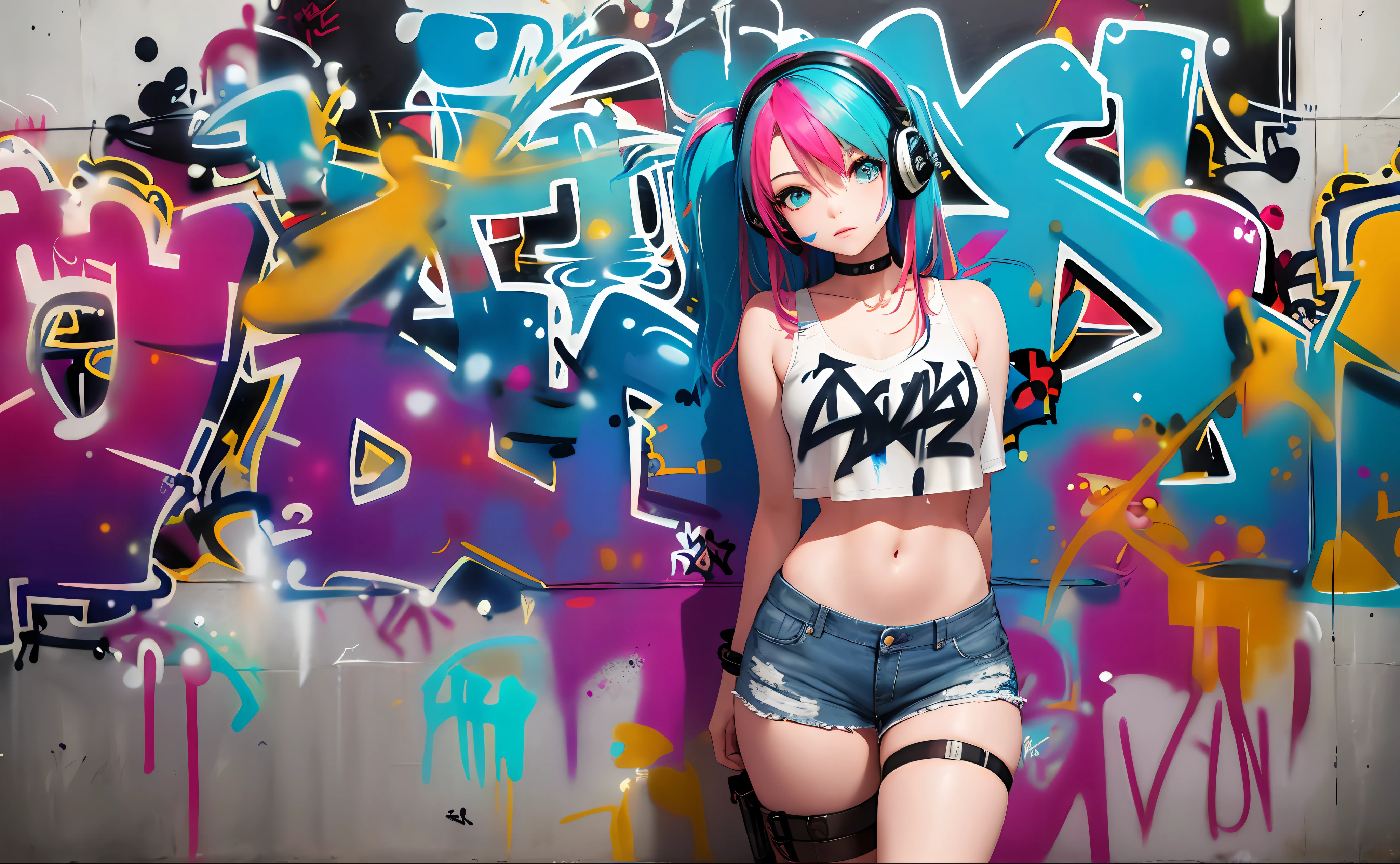 masterpiece, best quality, 1girl, solo, crop top, denim shorts, choker, (graffiti:1.5), paint splatter, arms behind back, against wall, looking at viewer, armband, thigh strap, paint on body, head tilt, bored, multicolored hair, aqua eyes, headset,