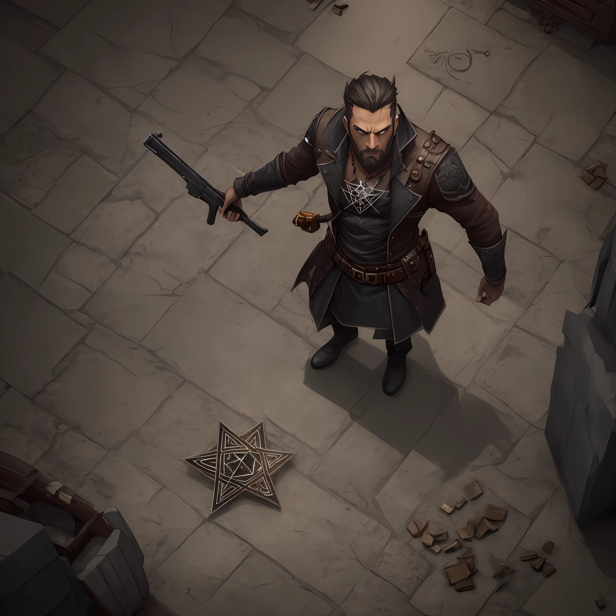 a dark, token-shaped man, seen from an overhead view, carrying a gun and having pentagram tattoos on his arm, cartoon, digital art, 4k, 4k render, cinematic, token, RPG, token rpg --auto