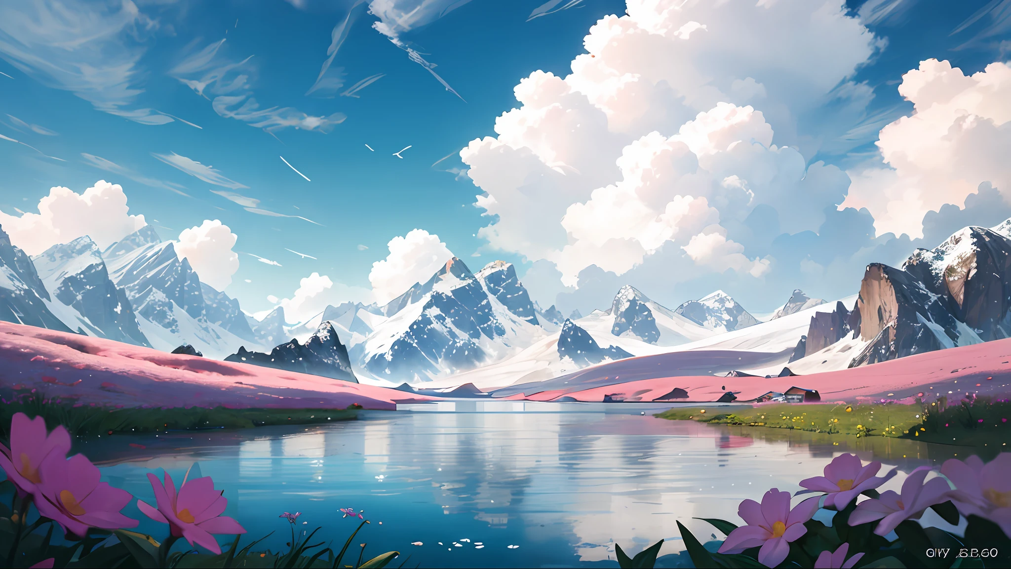 Summer, meadows, few small flowers, clear lakes, sheep, heaven, large clouds, blue sky, hot weather, HD detail, wet watermark, hyper-detail, cinematic, surrealism, soft light, deep field focus bokeh, distant view is snowy mountains, ray tracing, and surrealism. --v6