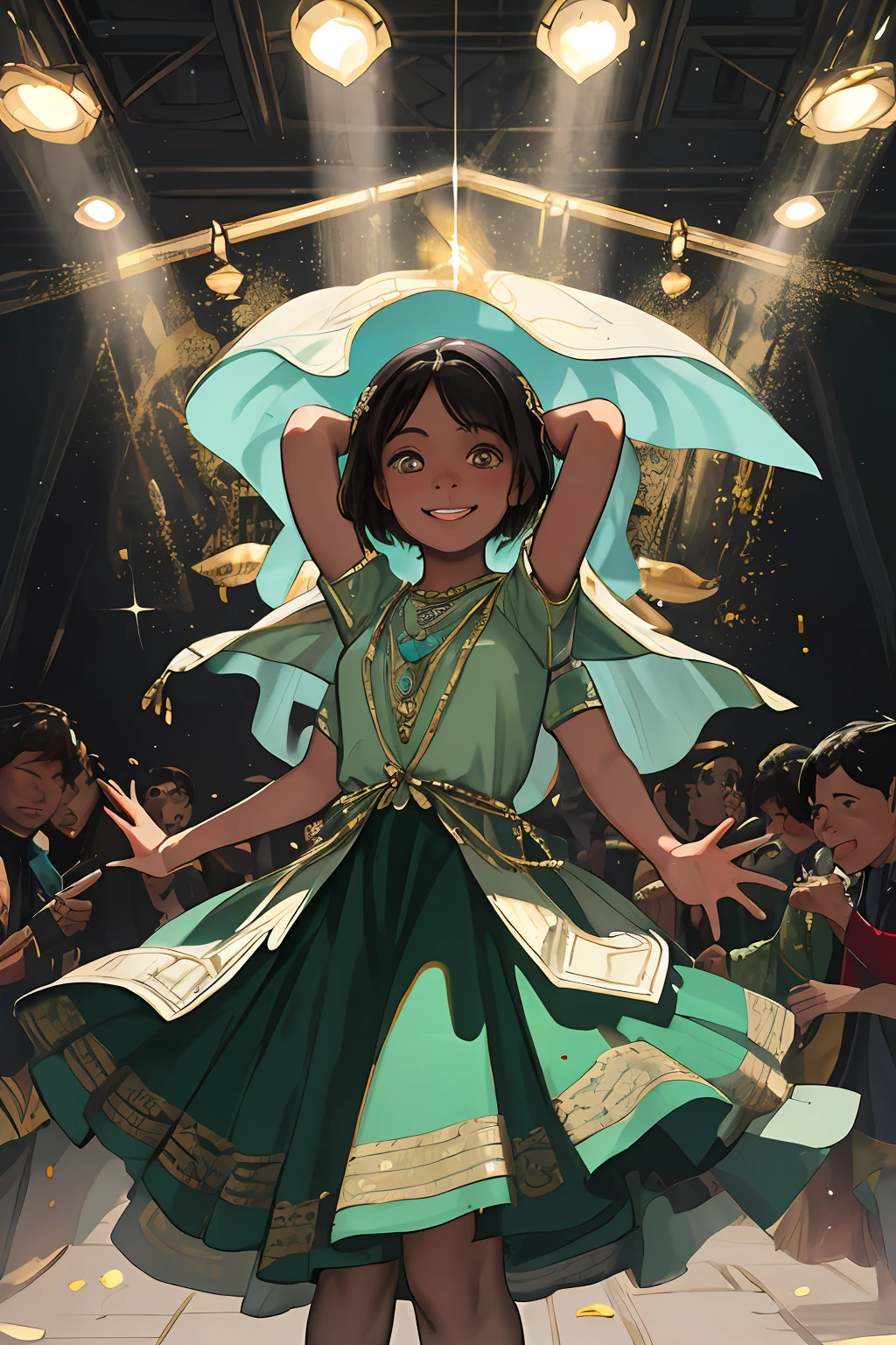 (傑作、maximum quality、Realstic)、Small breasts、Short black hair、19-year-old girl、Brown skin、
1女の子, backdrop, Indian Dresses, dance, Complex, Dark green dress, VR, Palace of India, India, Indian, Banquet, crowd, picking up skirt, Dark skin,
[smile]、