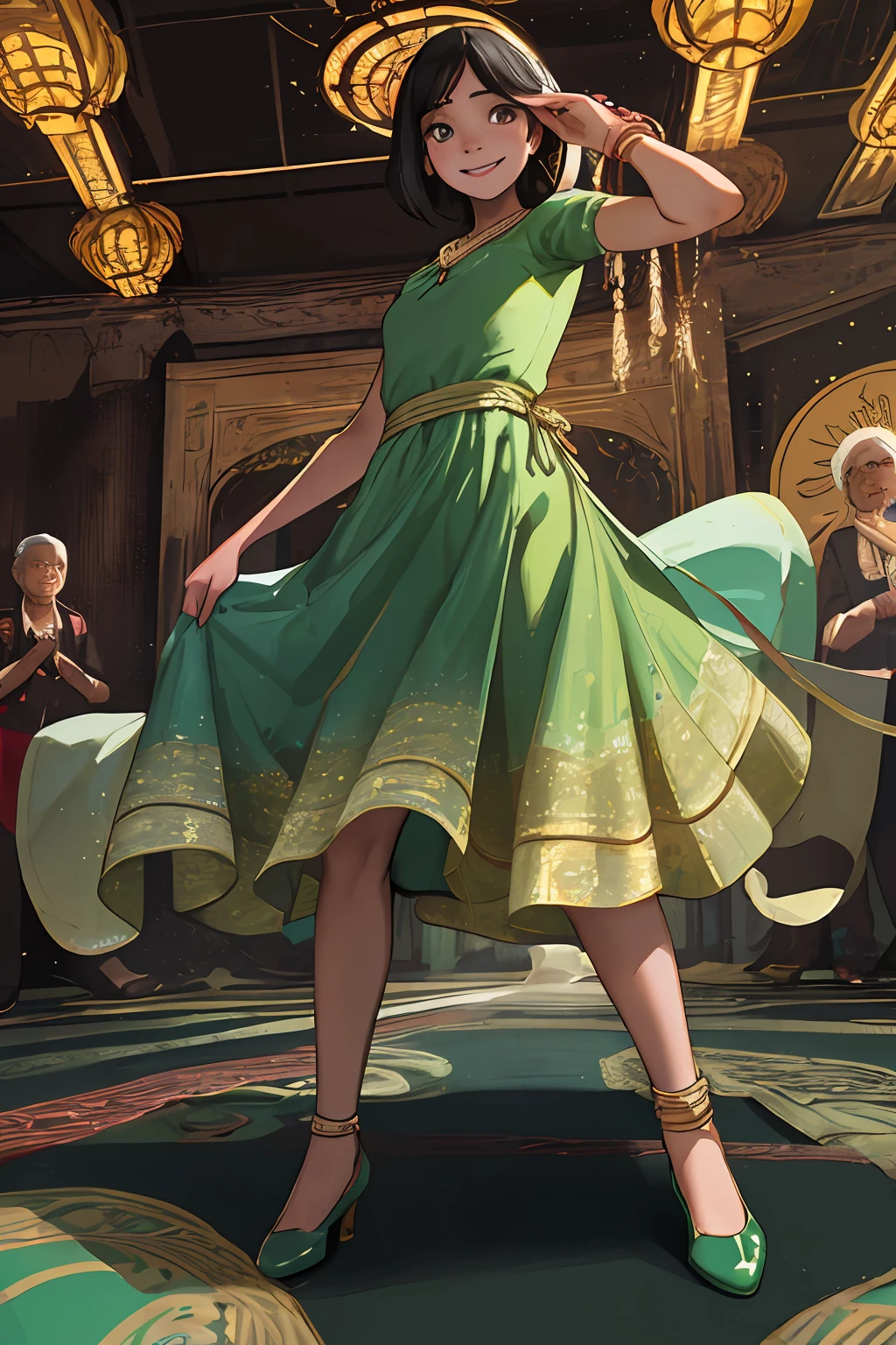 (傑作、maximum quality、Realstic)、Small breasts、Short black hair、19-year-old girl、Brown skin、
1女の子, backdrop, Indian Dresses, dance, Complex, Dark green dress, VR, Palace of India, India, Indian, Banquet, crowd, picking up skirt, Dark skin,
[smile]、