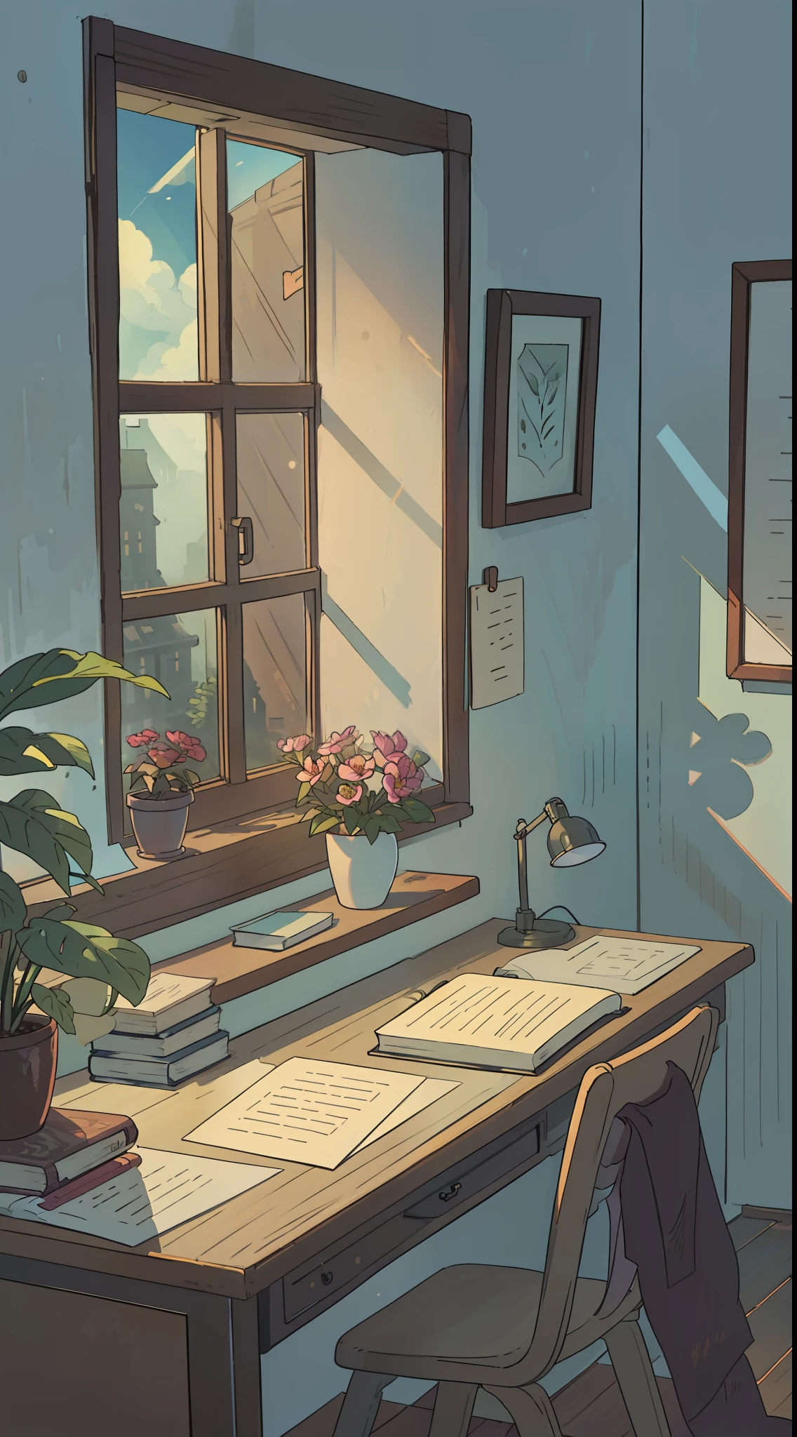 A masterpiece,the best qualityt,high qualit,early in the morning,The desk is by the window,Sunlight shines through the window on the desk top,There are flowers by the window,Plante,book