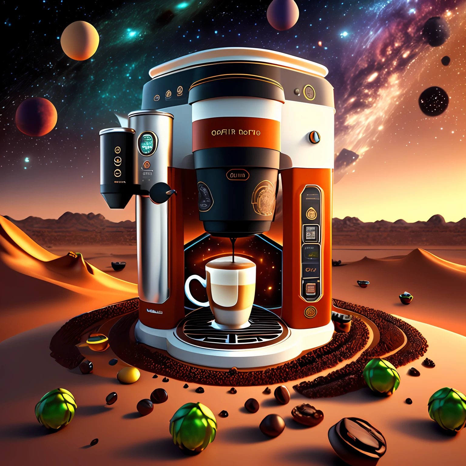Create a realistic image with a very futuristic robotic coffee machine along with a beer machine in the middle of the galaxy, terrain formed by coffee beans and hops --auto