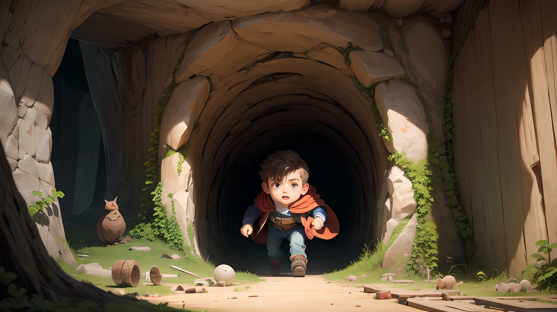 vilarejo encantado, um menino, hero, som estranho, caverna escondida, Curioso, desenho infantil. --auto