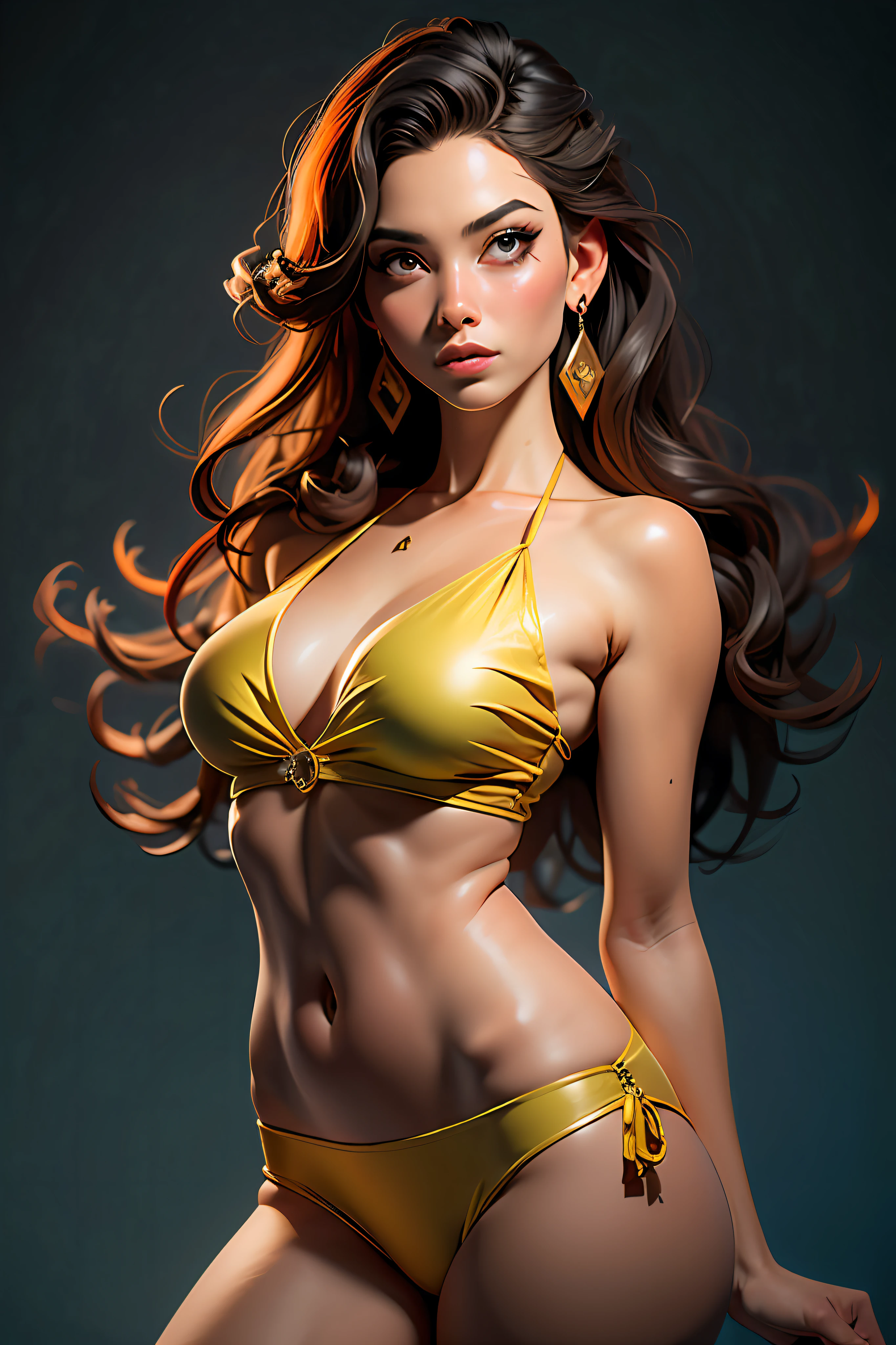 La mejor calidad, obra maestra, ultra high res, (fotorrealista: 1.4) 1girl, beautiful_face, piel detallada, cuerpo completo, mujer cabello rojo rizado muy largo, bikini de cuero negro espadas en las manos viendo hacia la camara yuhuoshu, joyas, solo, pendientes, (fuego: 1.3), borroso, realista, labios,