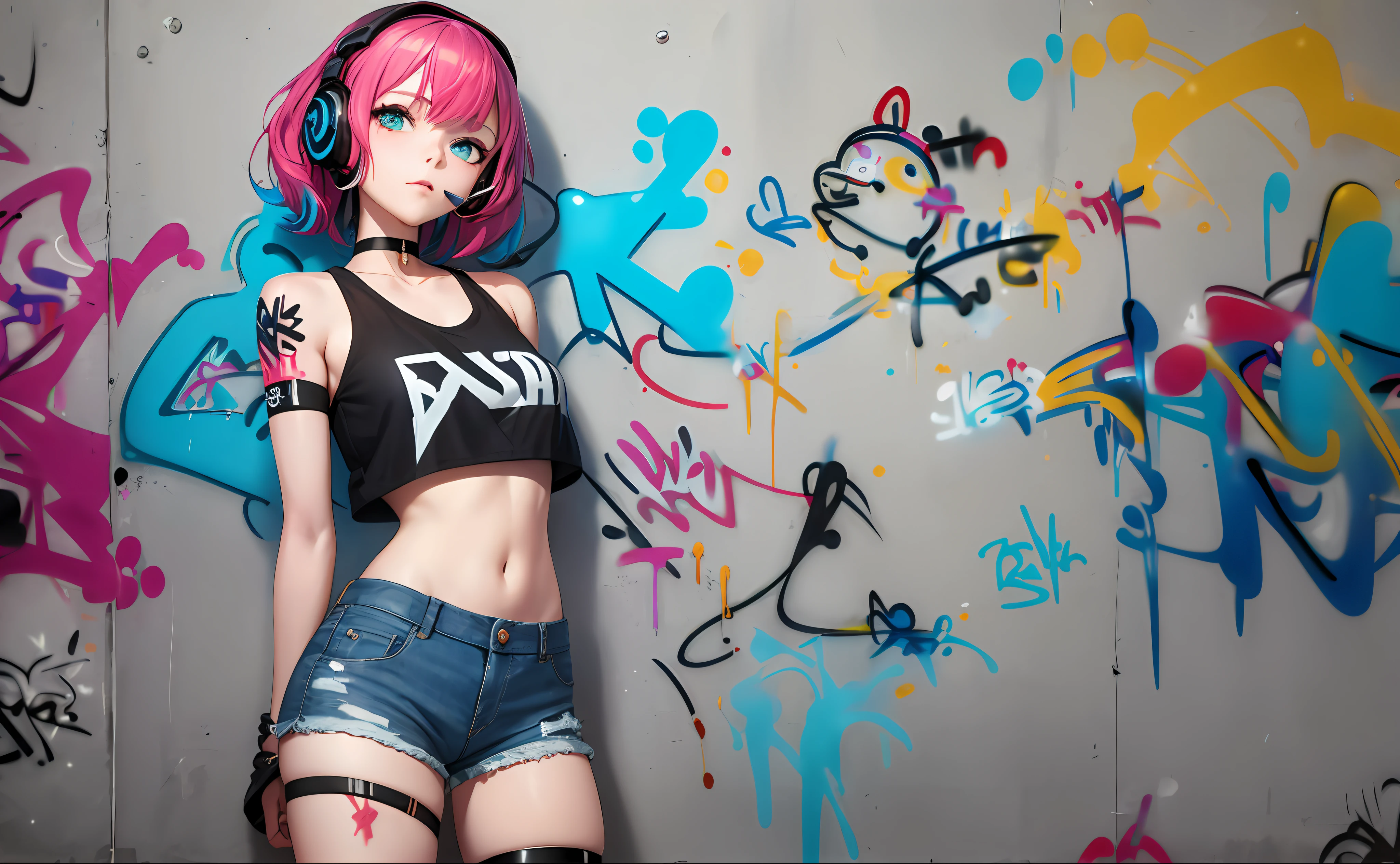 masterpiece, best quality, 1girl, solo, crop top, denim shorts, choker, (graffiti:1.5), paint splatter, arms behind back, against wall, looking at viewer, armband, thigh strap, paint on body, head tilt, bored, multicolored hair, aqua eyes, headset,