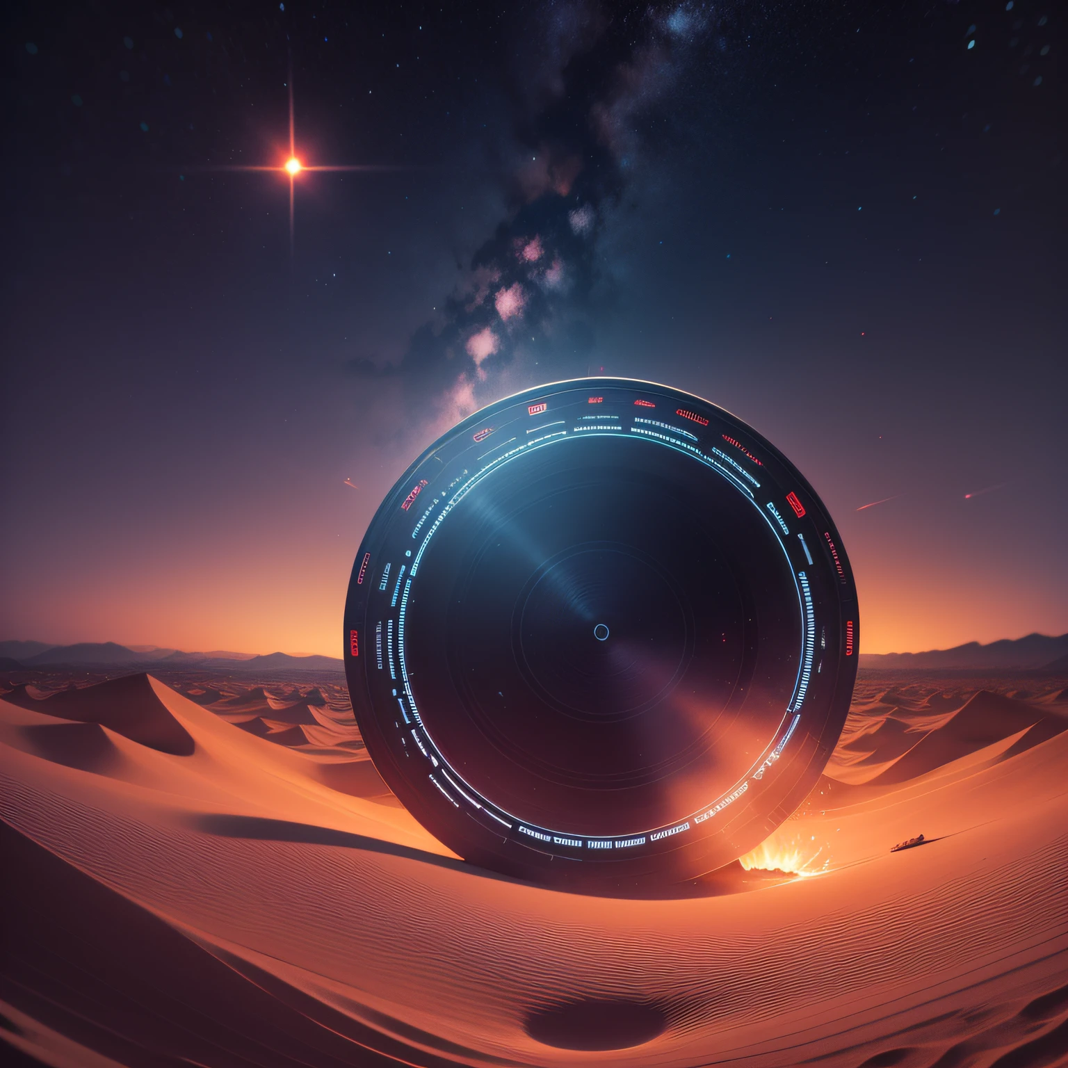 um disco voador em formato de prato, pousado no deserto, a noite, visto de cima, na cor preta, com luzes misteriosas, 8k ultra qualidade