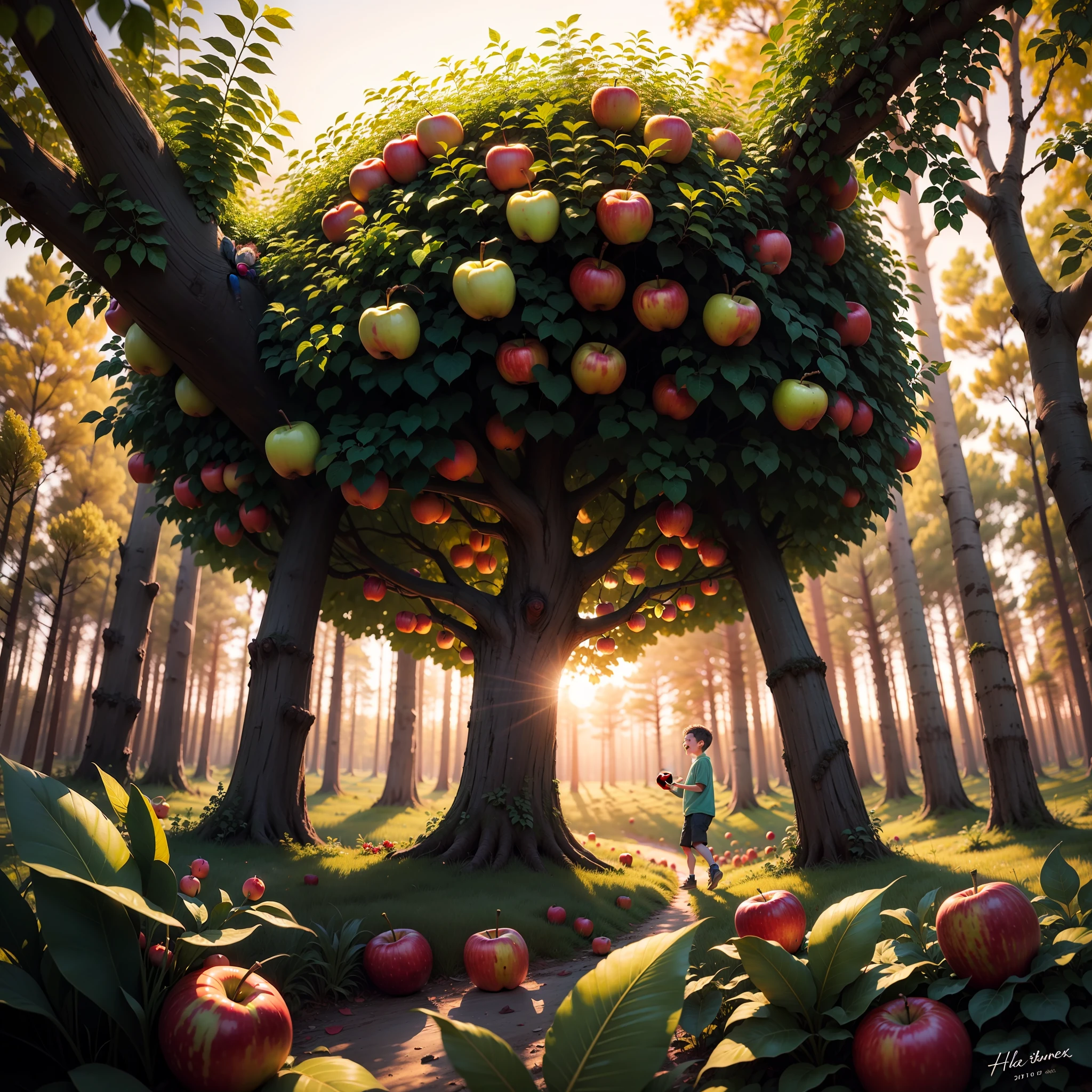 Happy boy finding an apple tree with solitary apples in a forest, foto ultra detalhada, por do sol, 8k