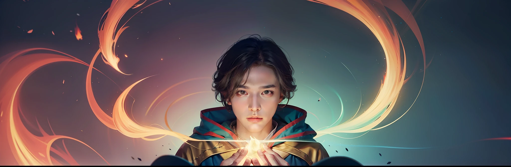 1/3. The picture is a balance,1/3 The picture shows 1 man,Classic gold robe,Upper Bust.1/3 The picture is red and blue balls,The balls glow,There are ethereal flames。Picture ratio hungry 1/3:1/3:1:/3